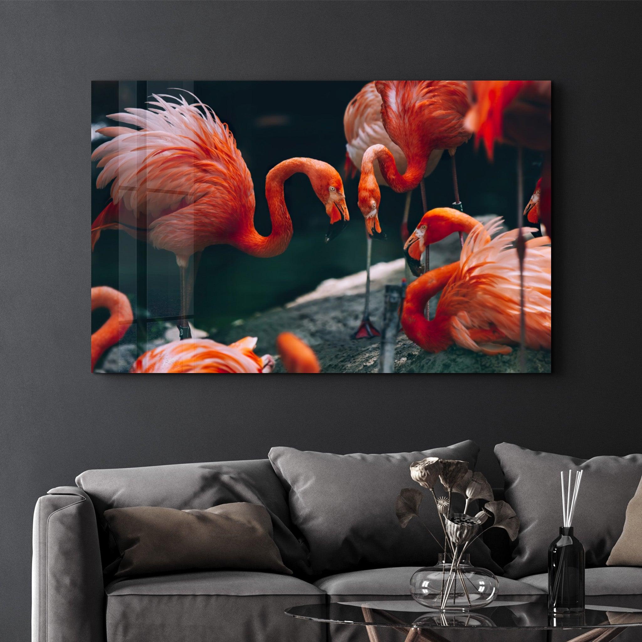 Orange Flamingos | Glass Wall Art - Artdesigna