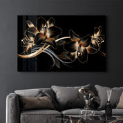 Golden Lines and Flowers | Glass Wall Art - Artdesigna