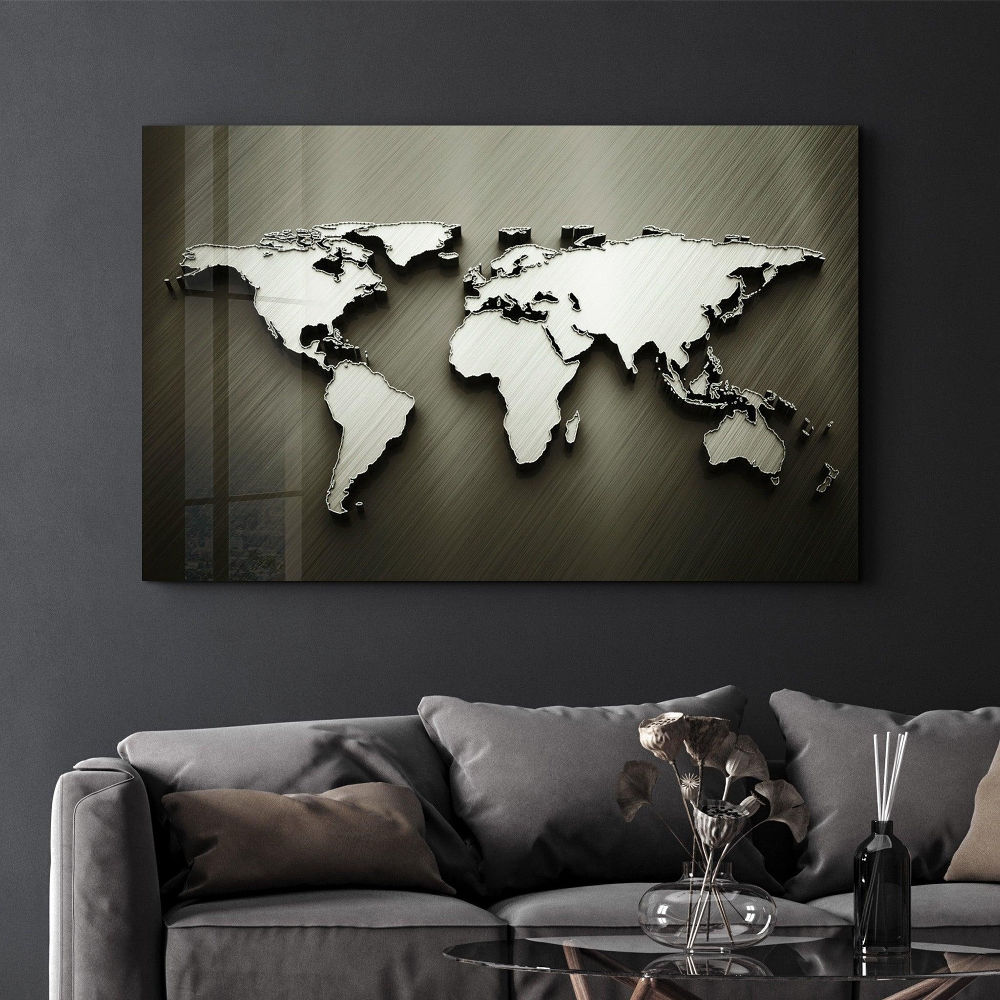 Metallic World Map | Glass Wall Art - Artdesigna