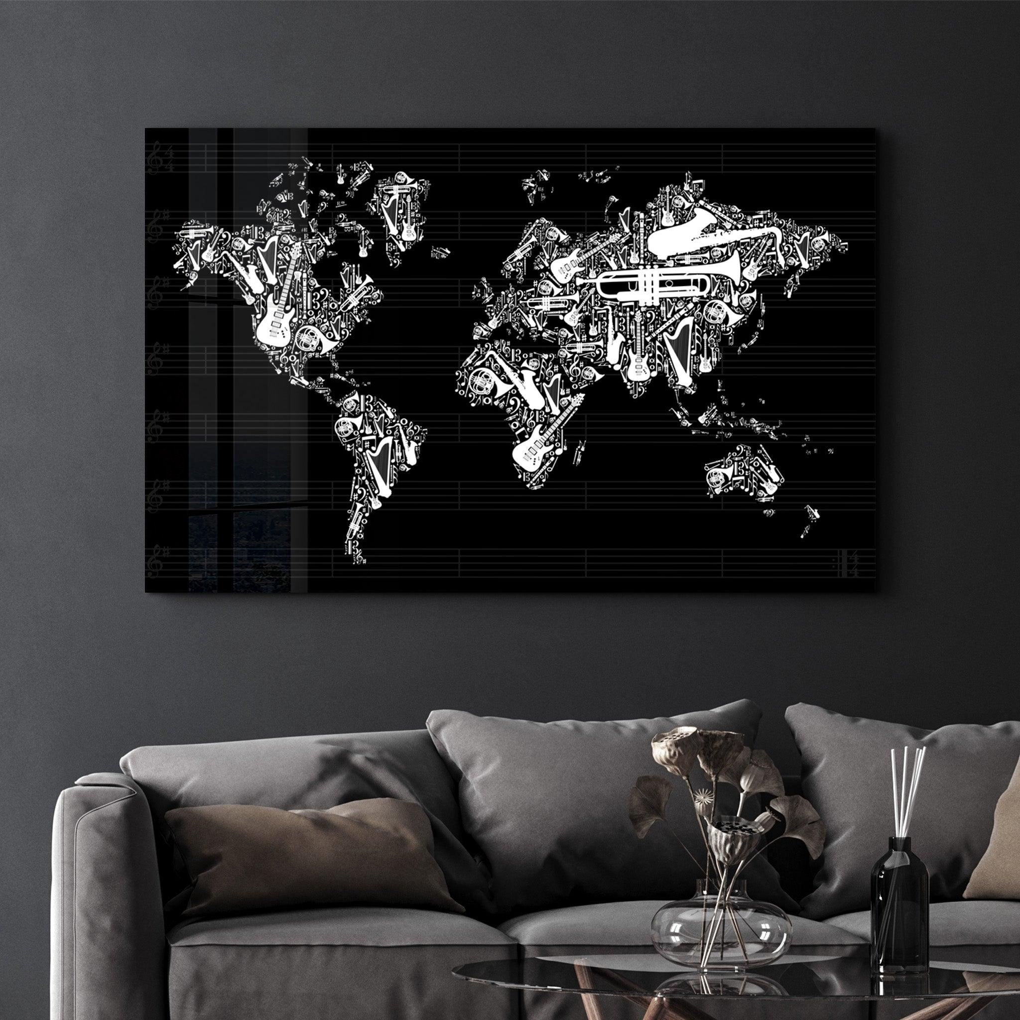 Music World Map | Glass Wall Art - Artdesigna