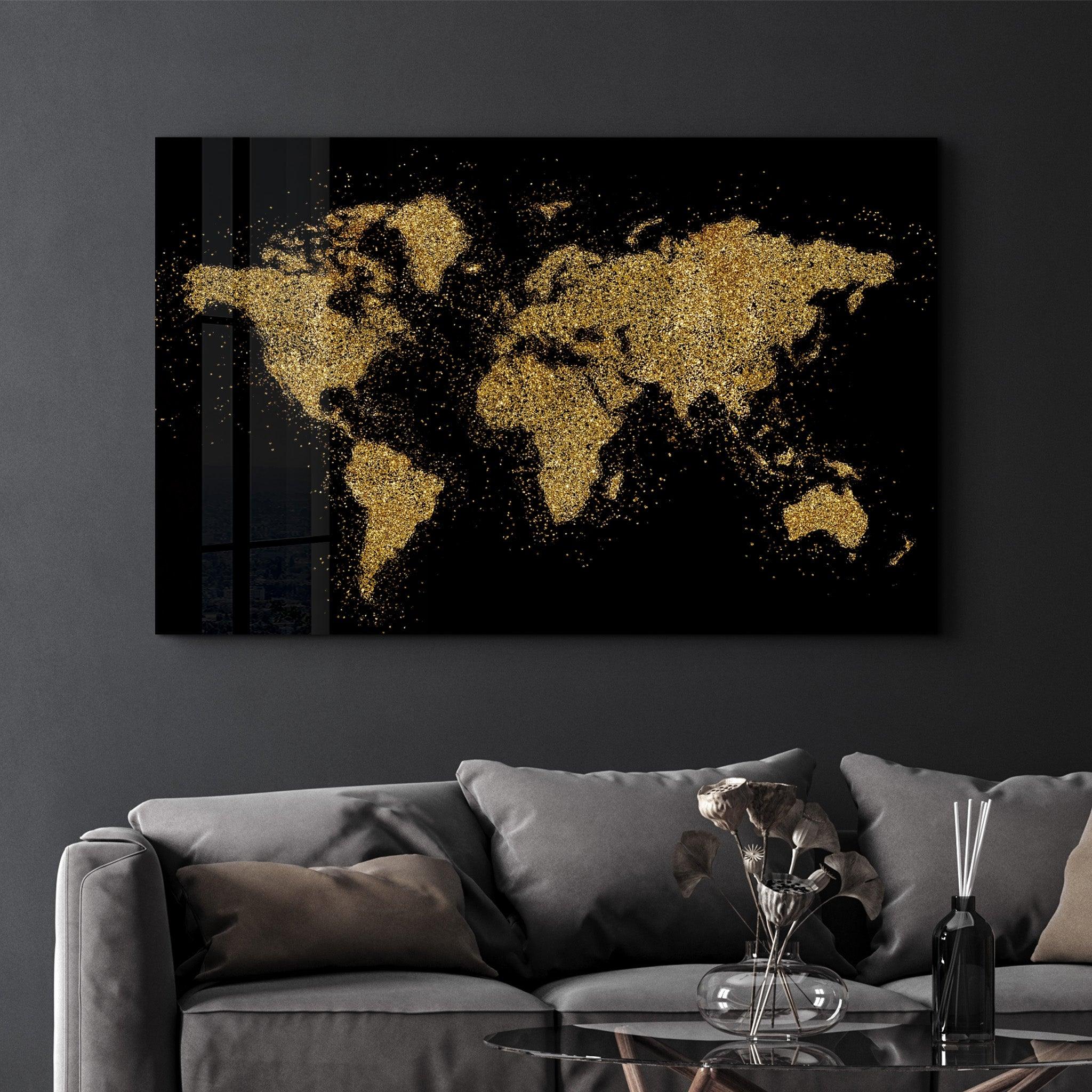 World Map In Golden | Glass Wall Art - Artdesigna