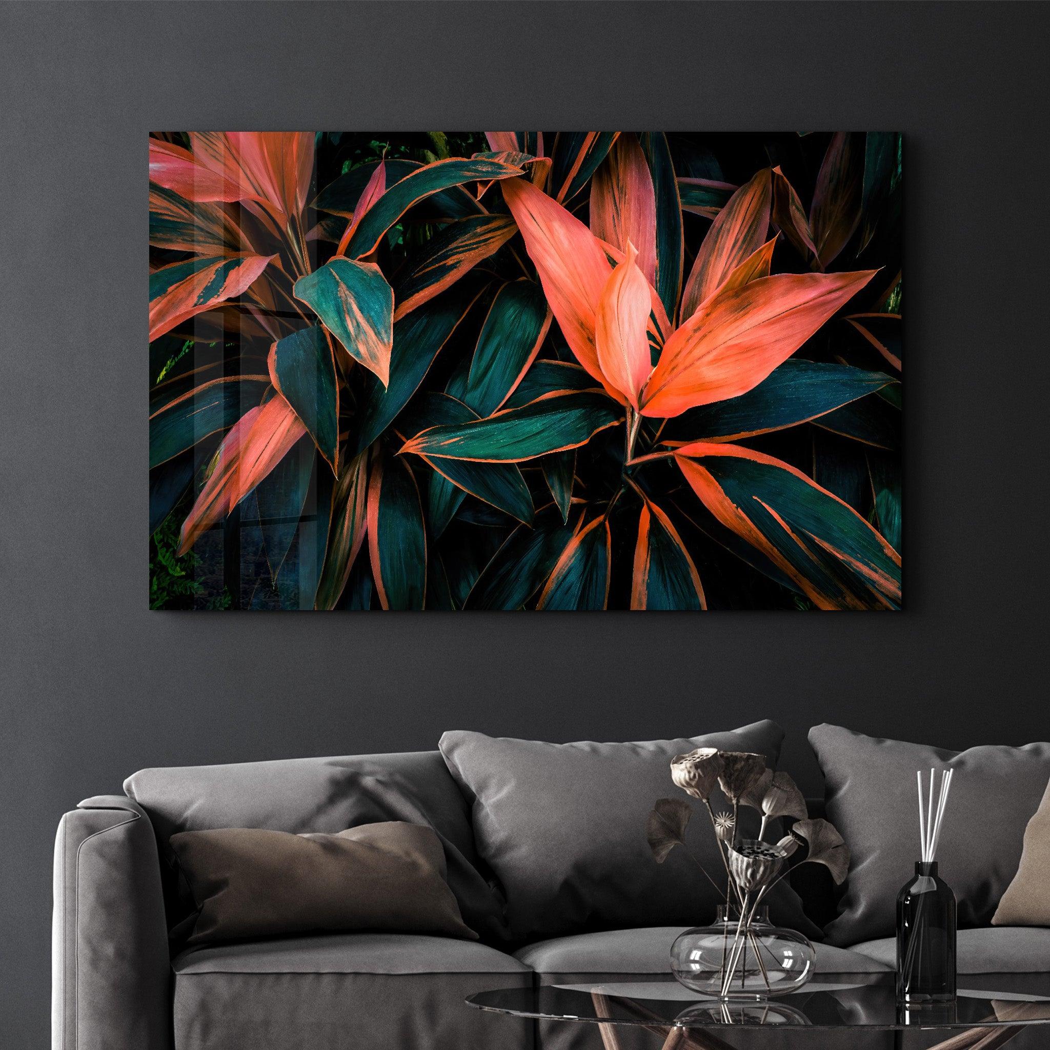 Red And Green Leafs | Glass Wall Art - Artdesigna