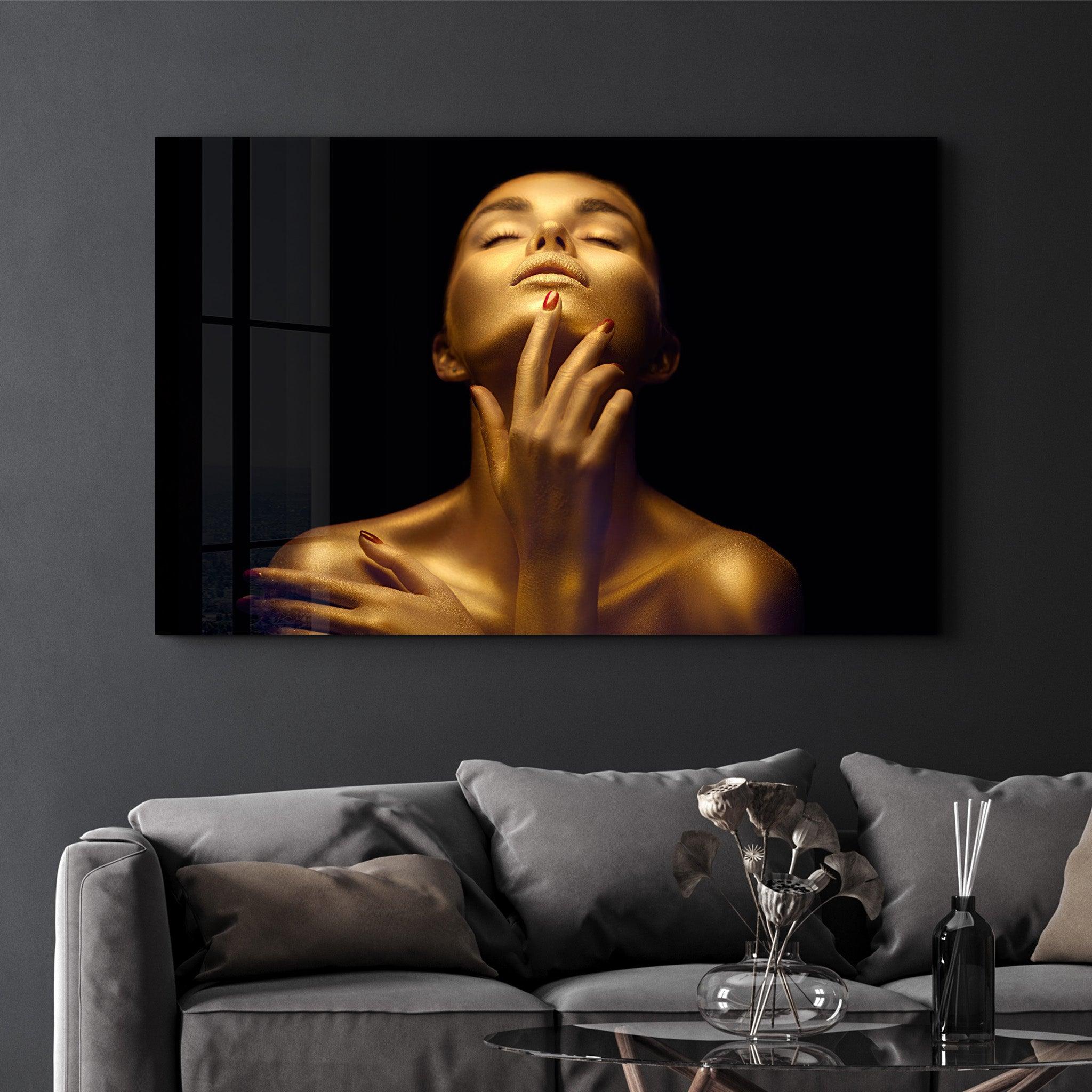 Beauty Woman With Golden Skin | Glass Wall Art - Artdesigna