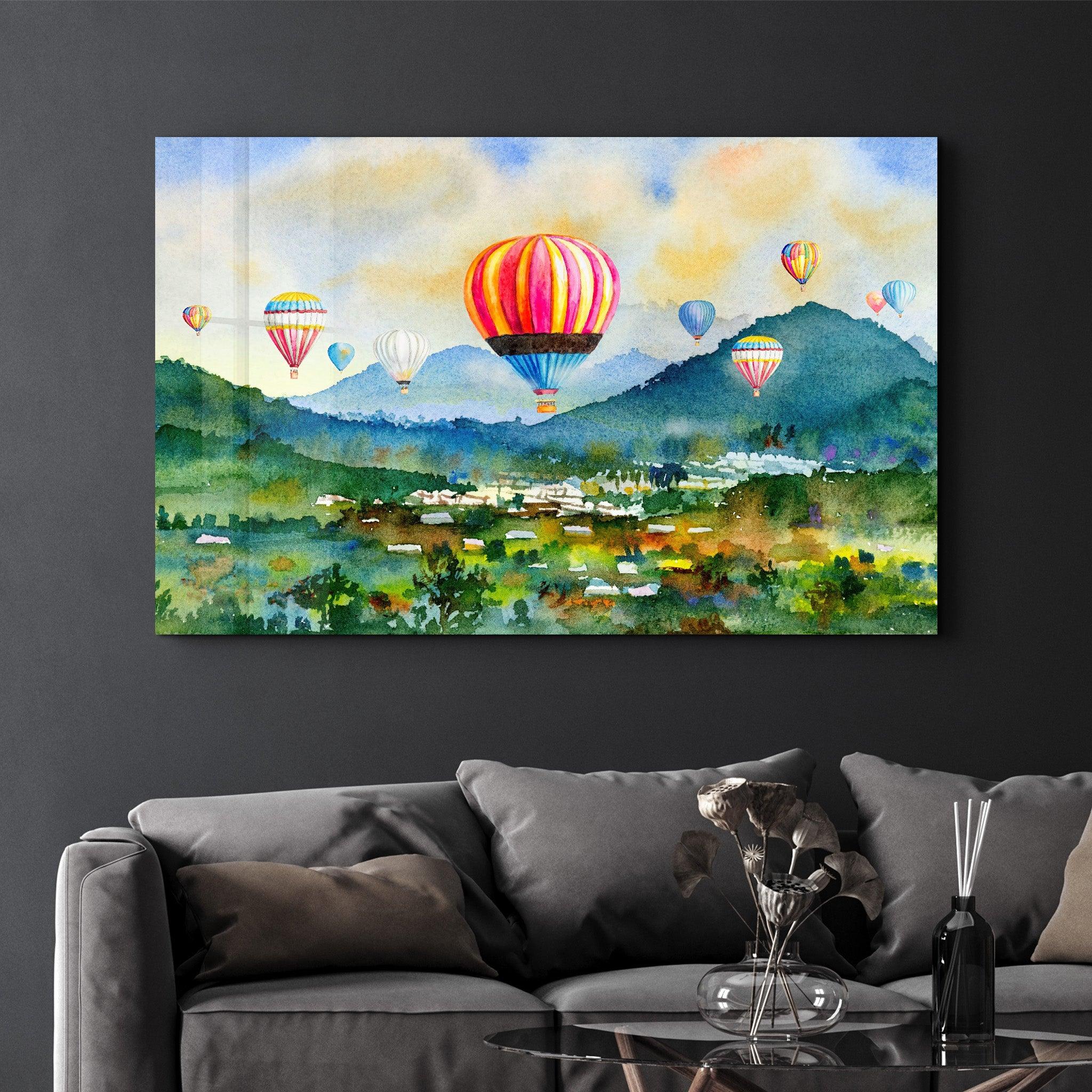 The Village Of Hot Air Balloon | Glass Wall Art - Artdesigna