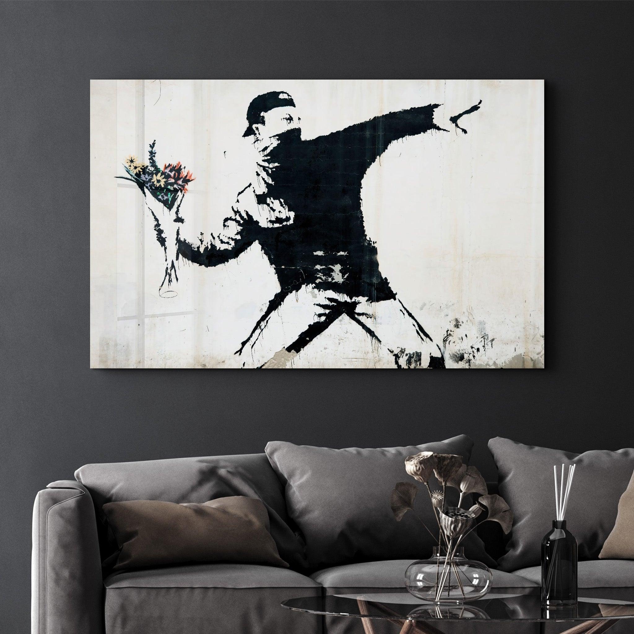 Banksy - Rioter Throwing a Flower Bouquet | Glass Wall Art - Artdesigna