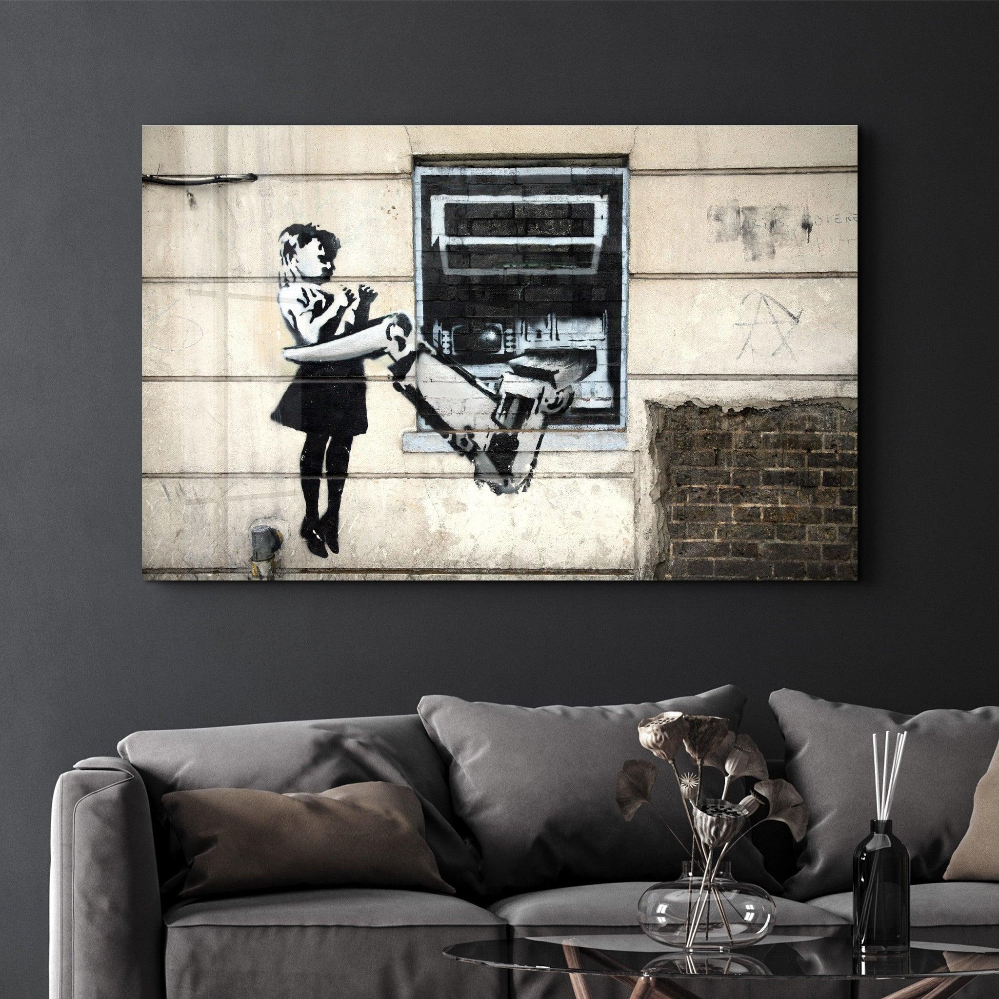 Banksy - Cash Machine Girl Graffiti | Glass Wall Art - Artdesigna