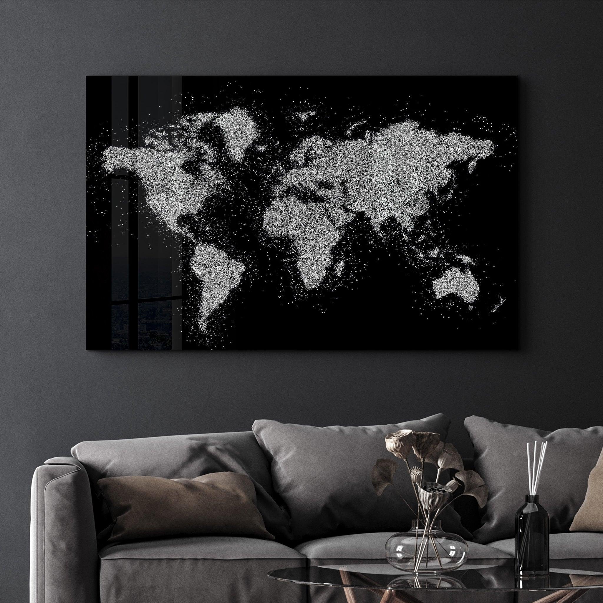 World Map In Silver | Glass Wall Art - Artdesigna