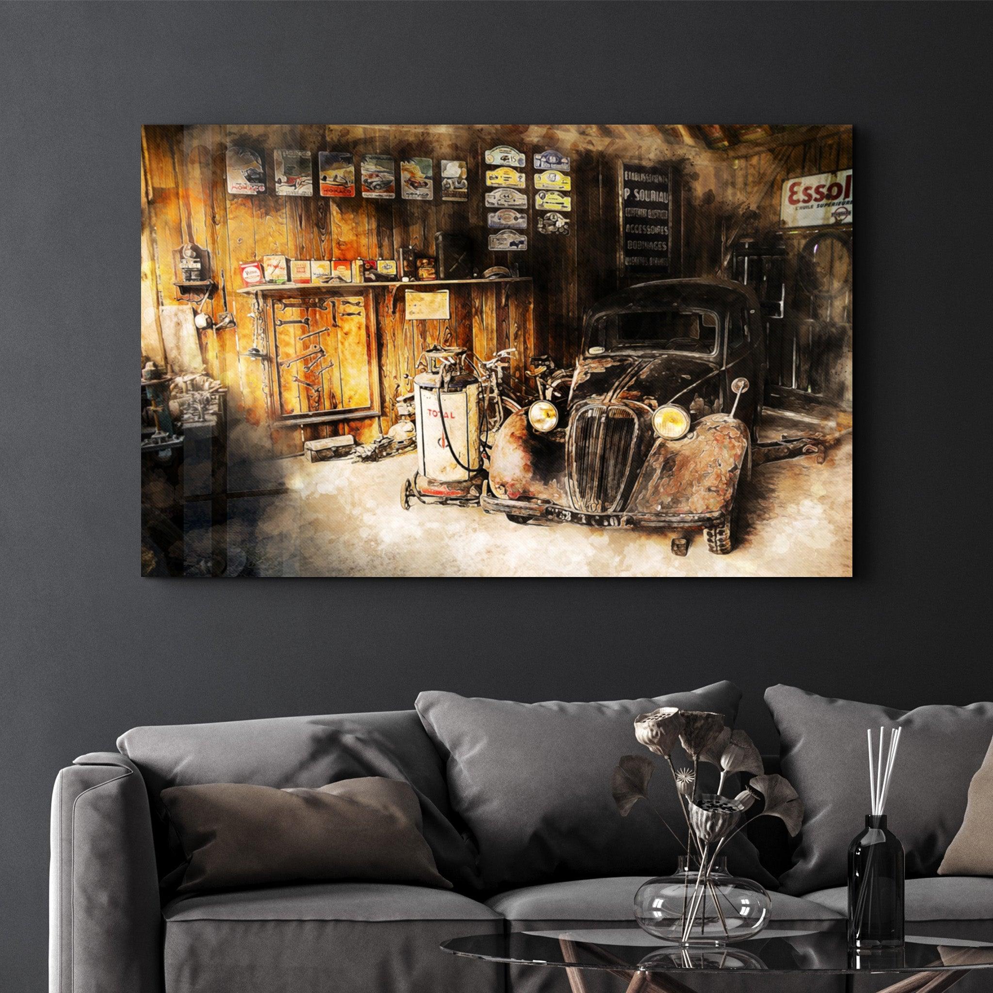 Retro Old Garage | Glass Wall Art - Artdesigna