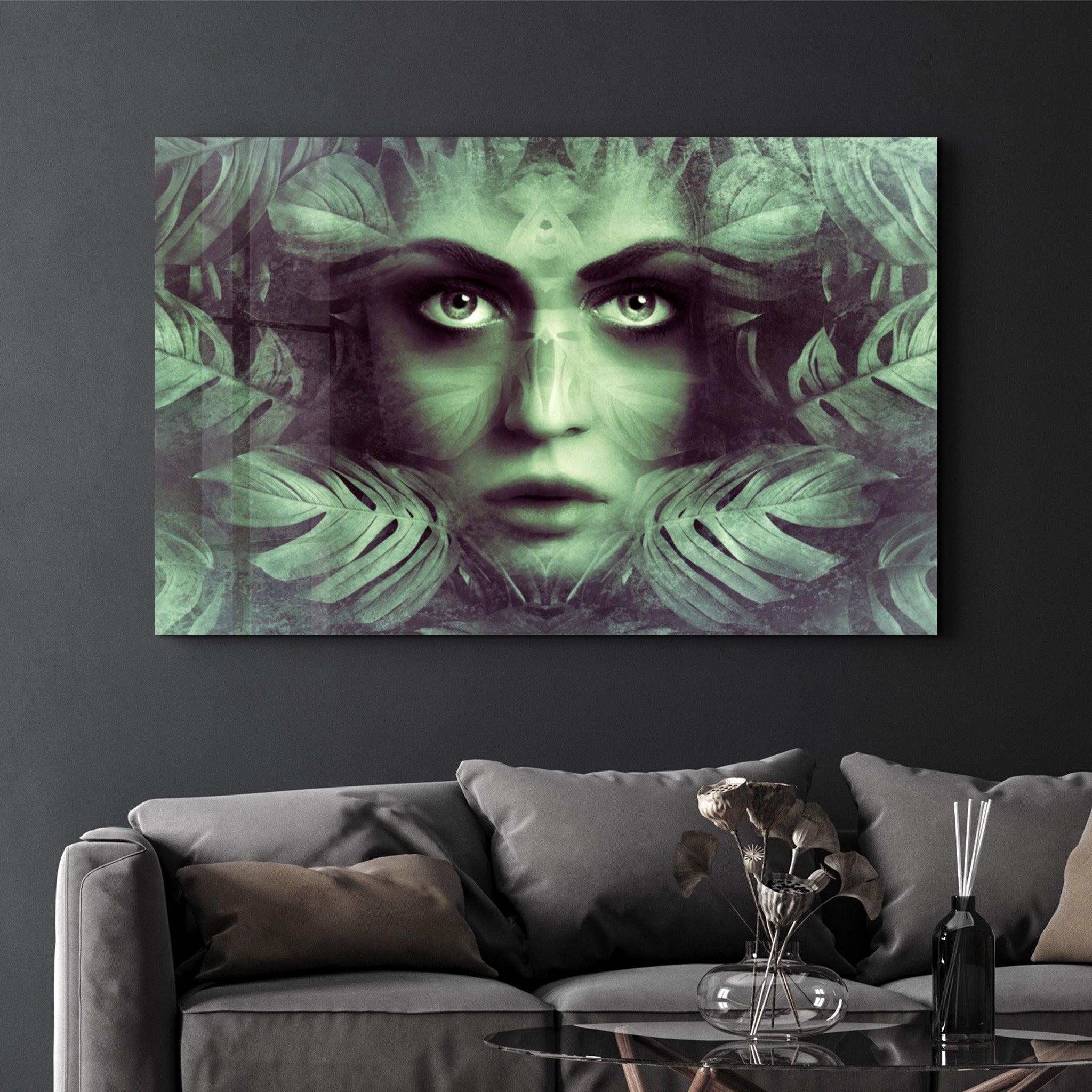 Tropical Leaf and Woman Portrait | Glass Wall Art - Artdesigna