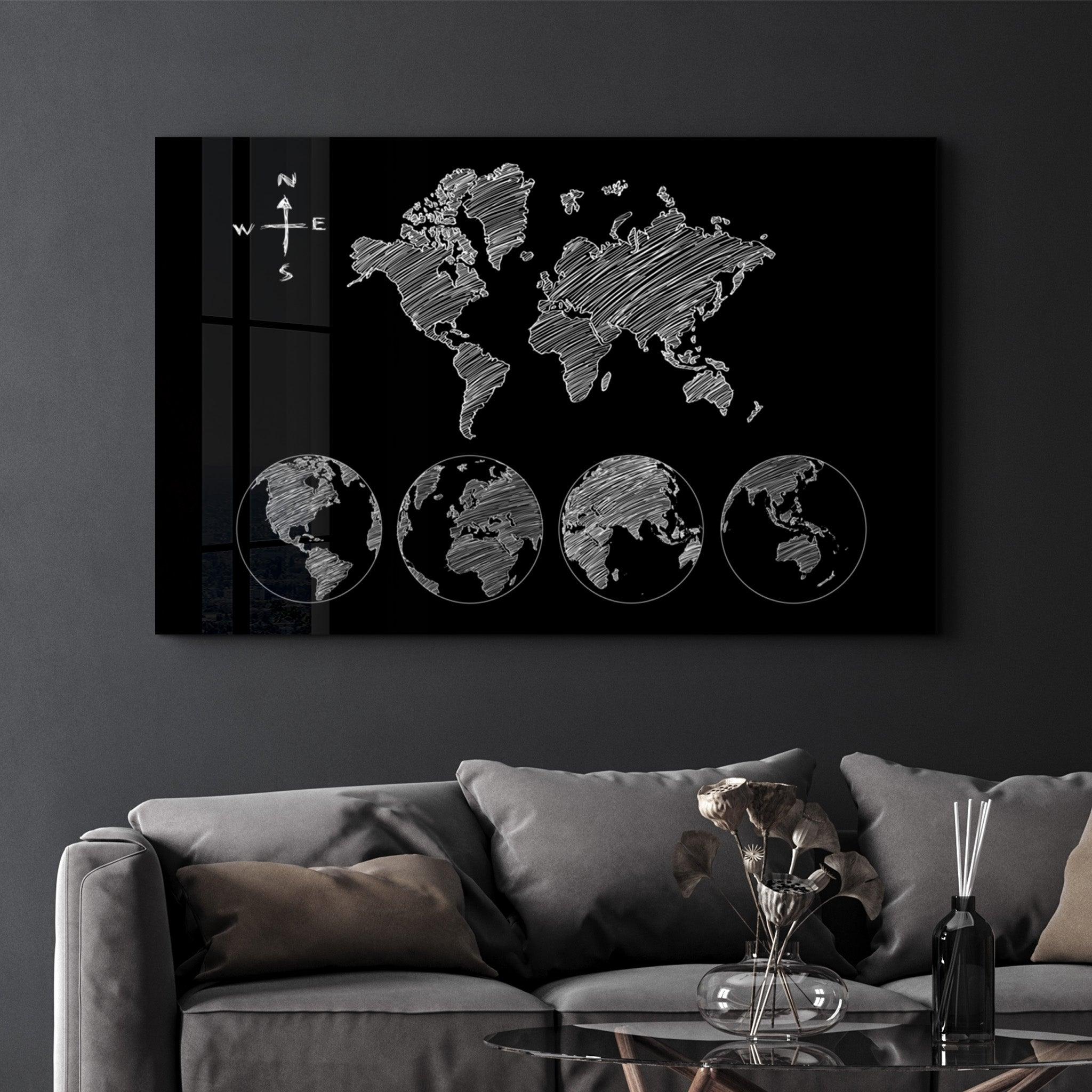 World Map Black-White | Glass Wall Art - Artdesigna