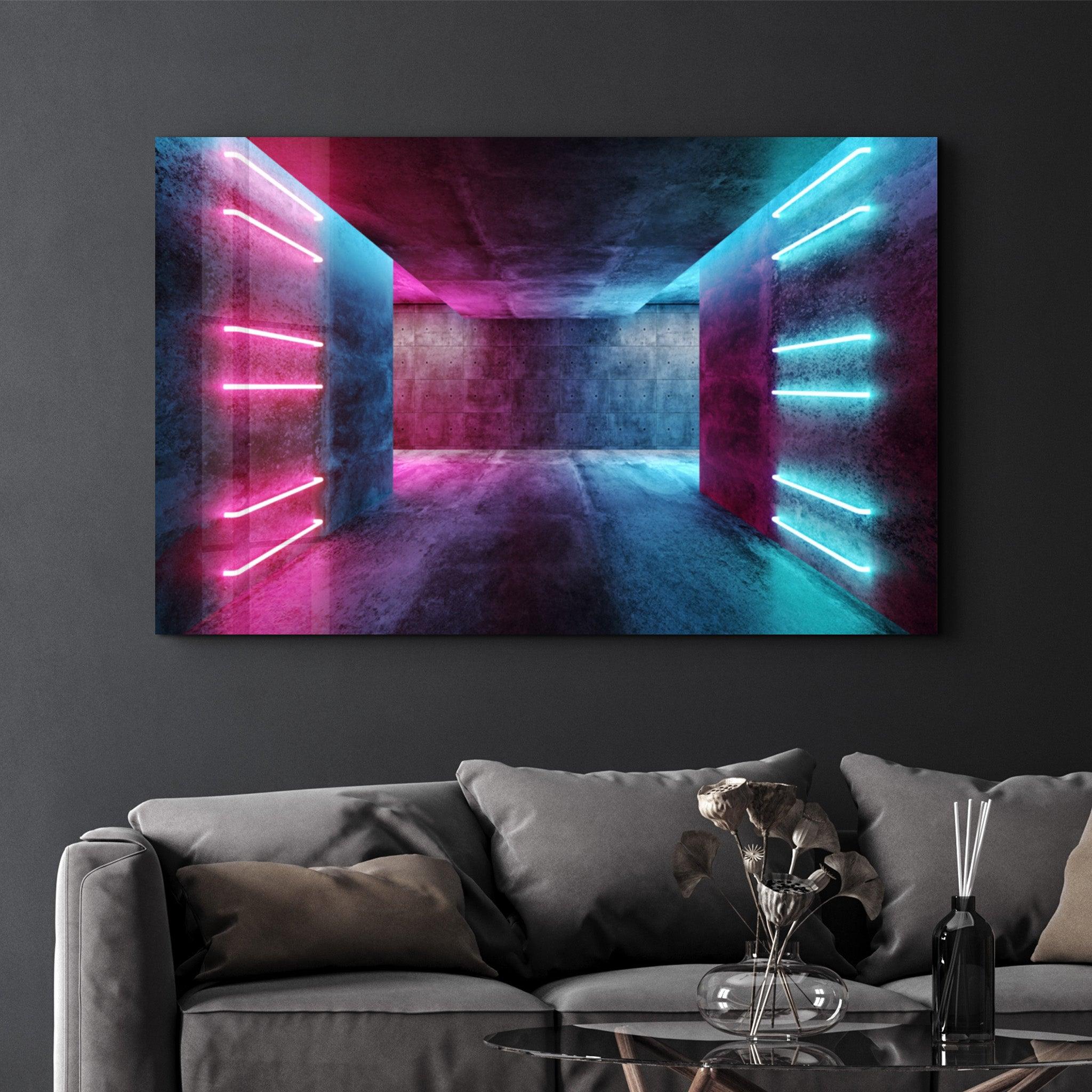 Neon Corridor | Glass Wall Art - Artdesigna