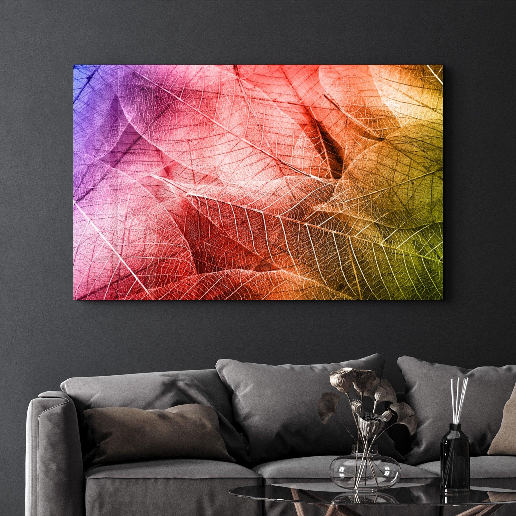 Rainbow Leaves | Glass Wall Art - Artdesigna