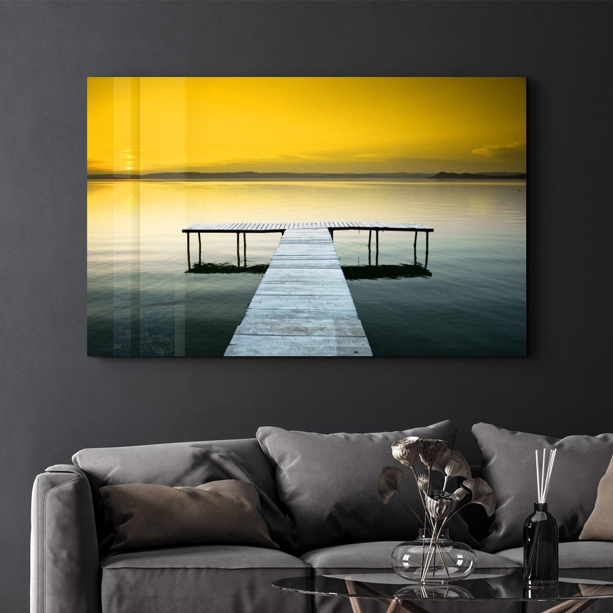 Sunset on the Pier | Glass Wall Art - Artdesigna