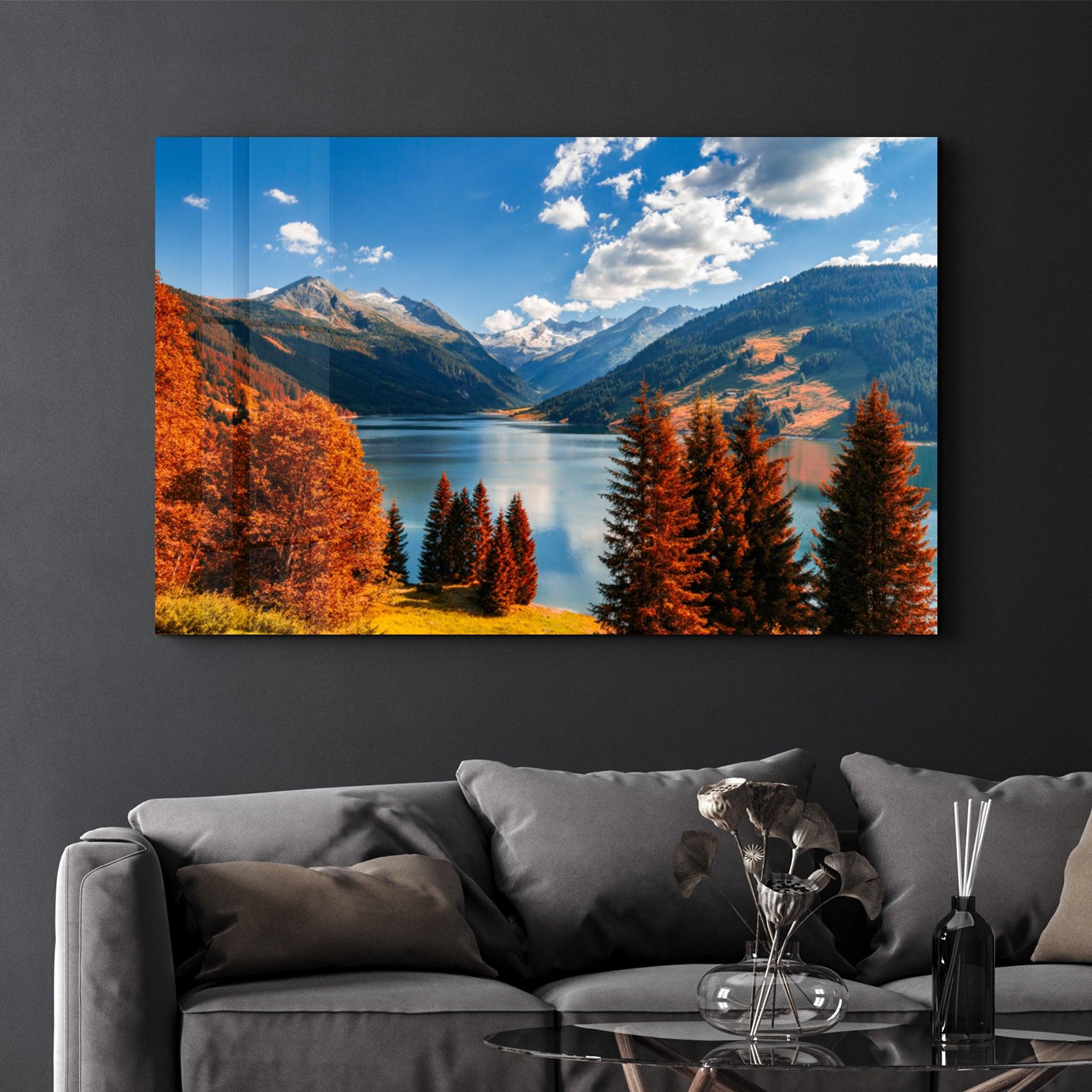 Lake and Mountain Landscape | Glass Wall Art - Artdesigna