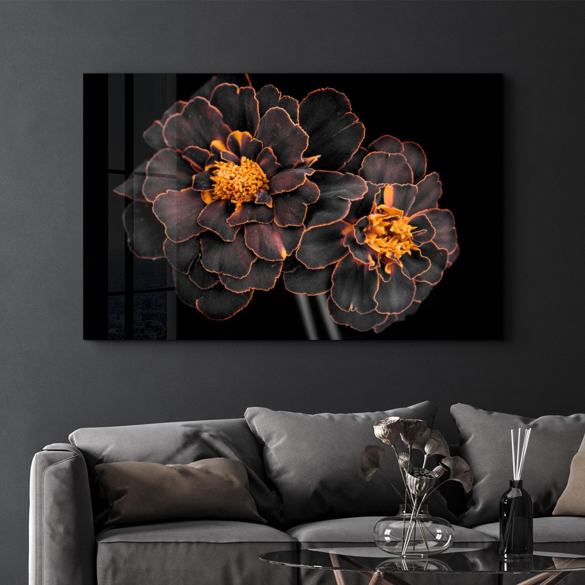 Black and Yellow Flowers | Glass Wall Art - Artdesigna