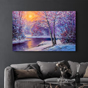 Oil Painting Winter Sunset | Glass Wall Art - Artdesigna