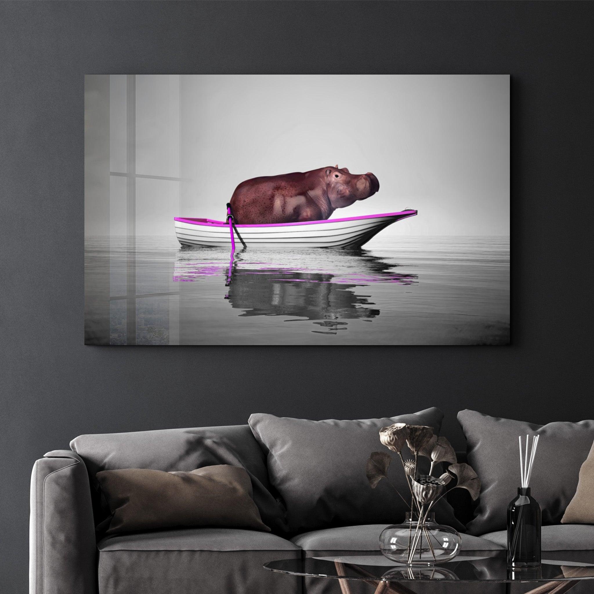 Hippo on the Boat 2 | Glass Wall Art - Artdesigna