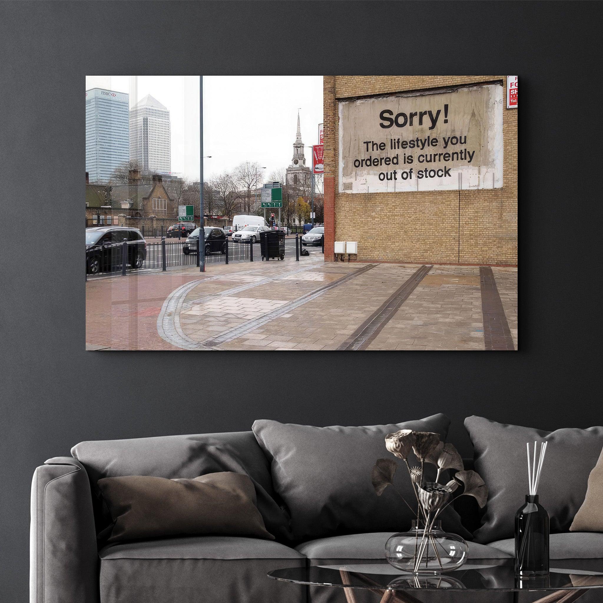 Banksy - Sorry | Designer's Collection Glass Wall Art - Artdesigna