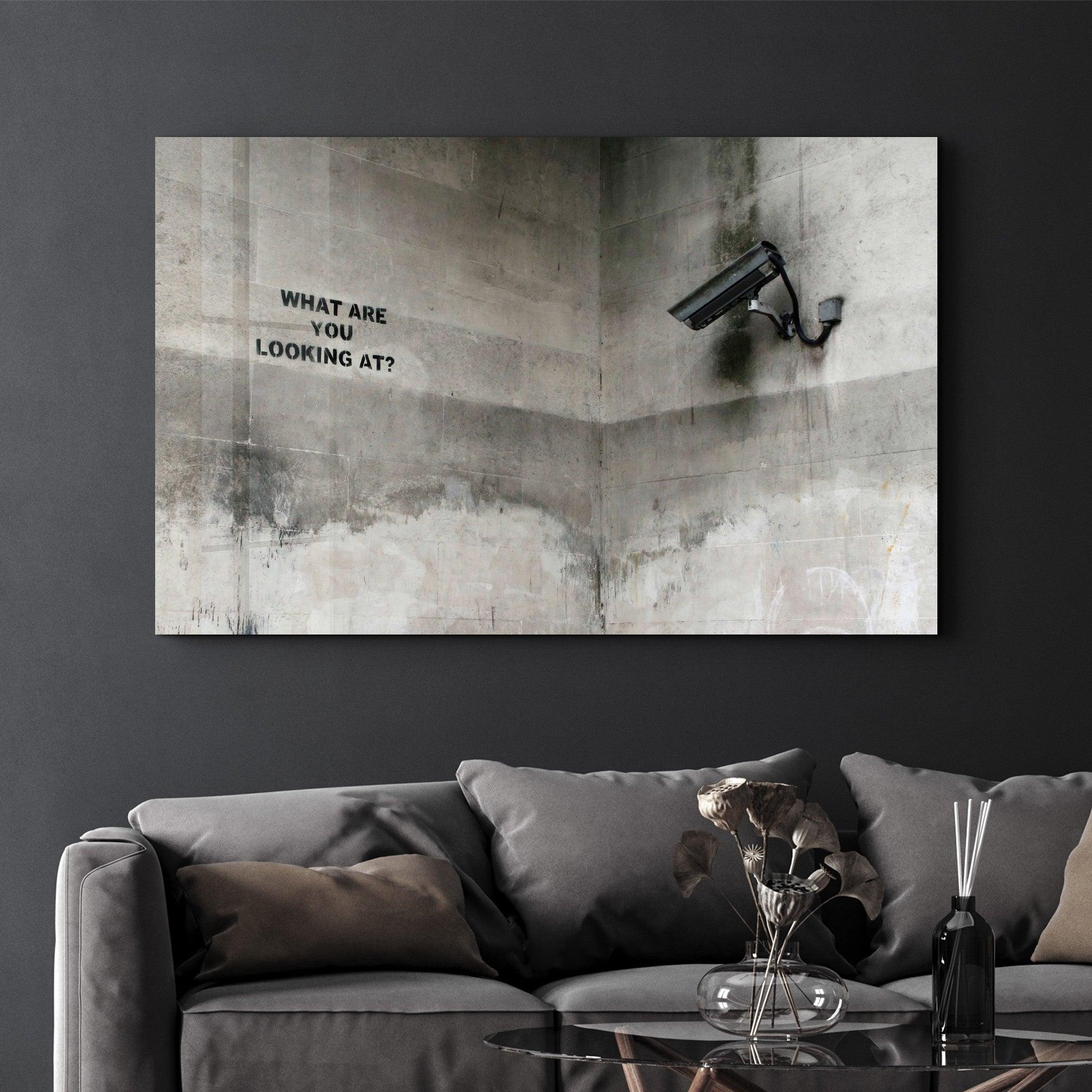 Banksy - What Are You Looking At? | Designer's Collection Glass Wall Art - Artdesigna