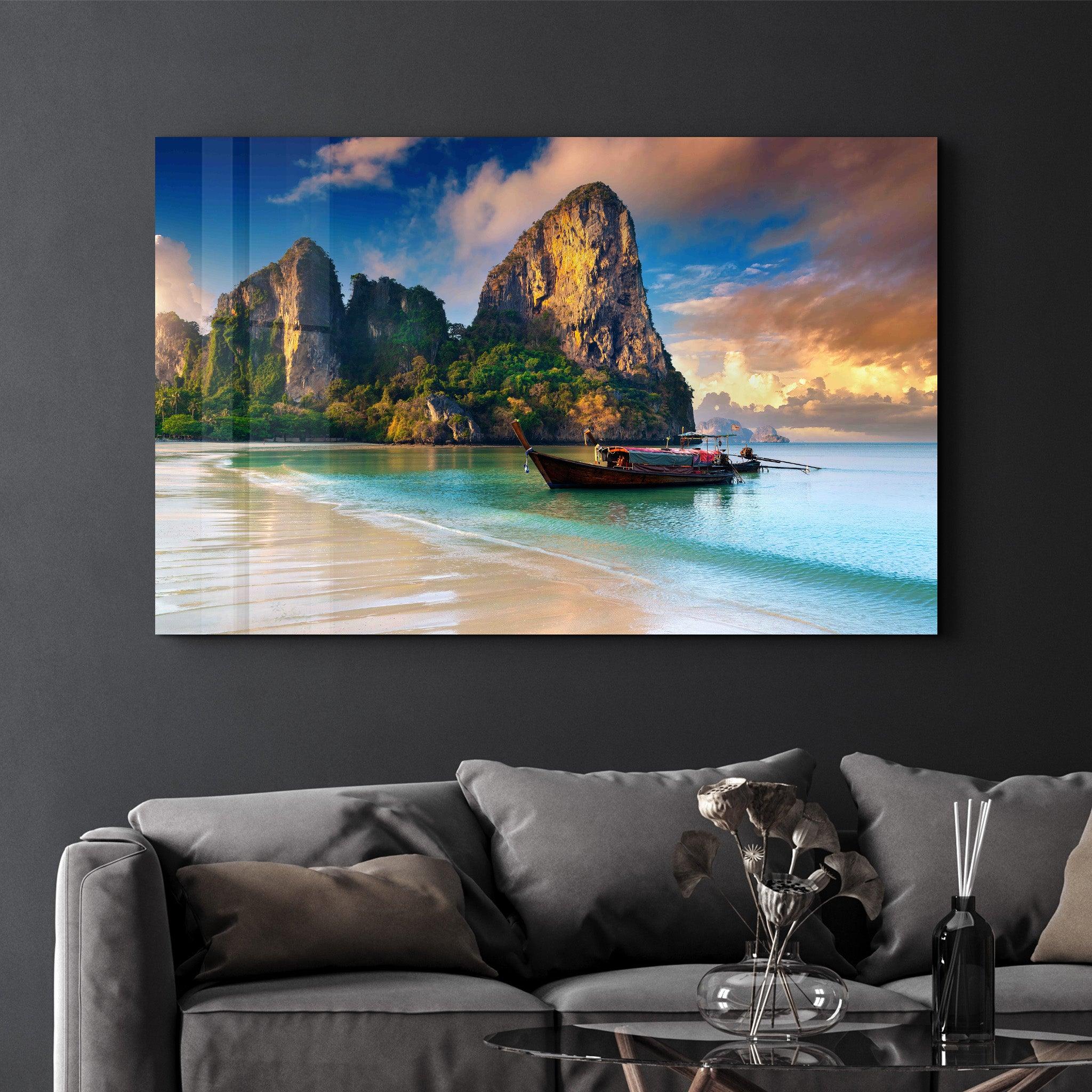 Boat on the Beach - Far East | Glass Wall Art - Artdesigna