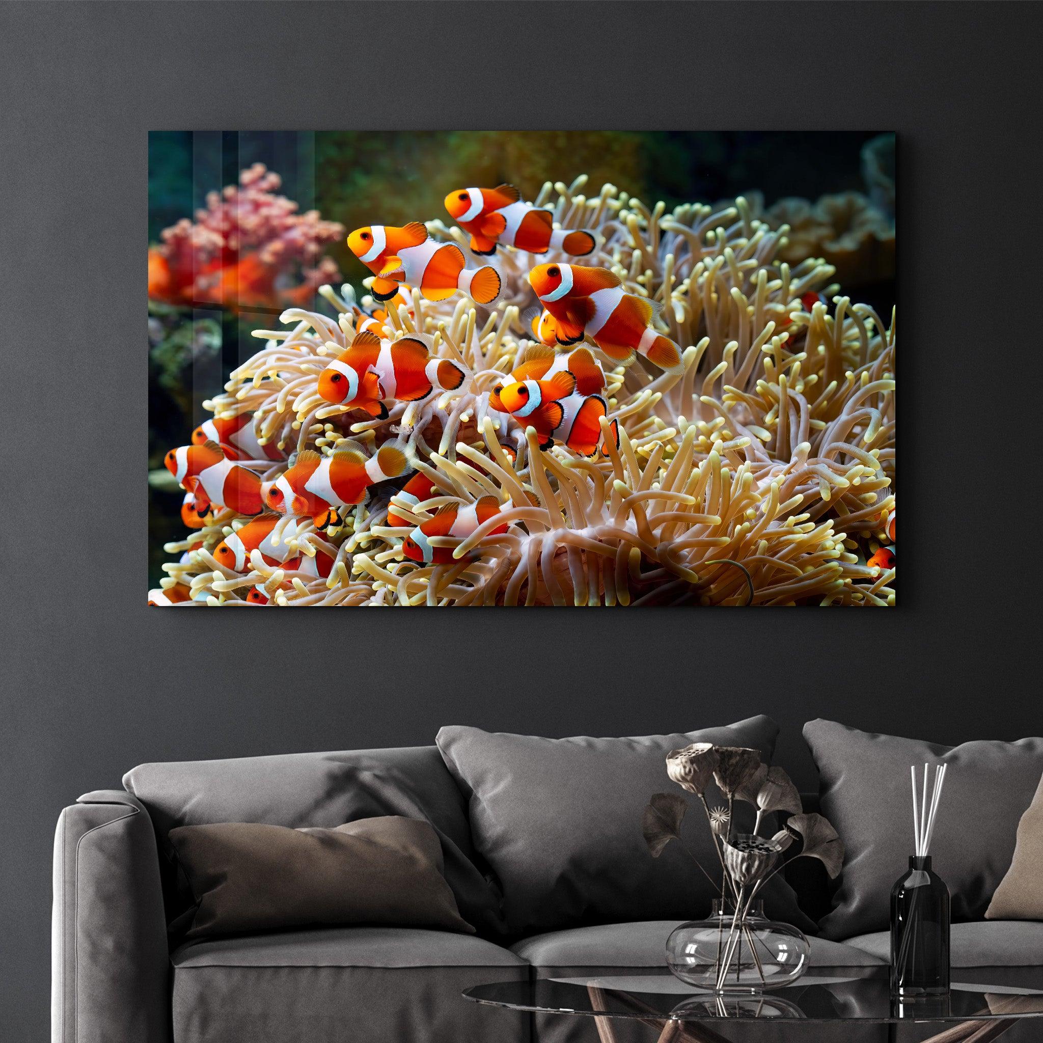 Fishes on Corals | Glass Wall Art - Artdesigna