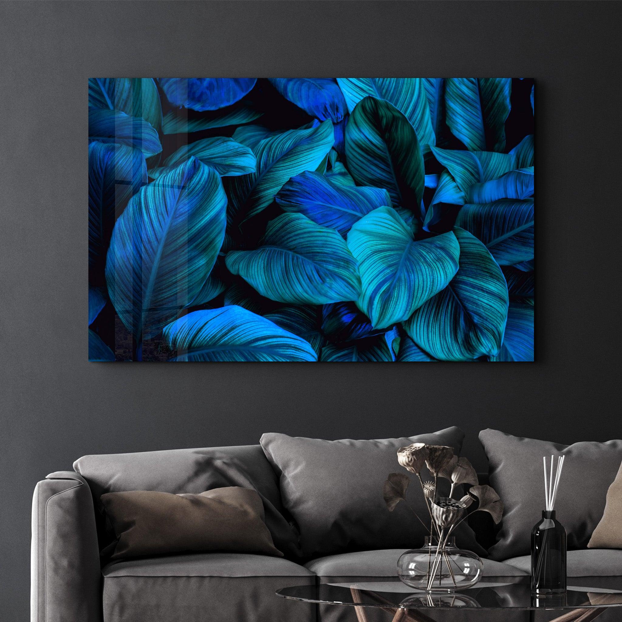 Blue Leaves | Glass Wall Art - Artdesigna