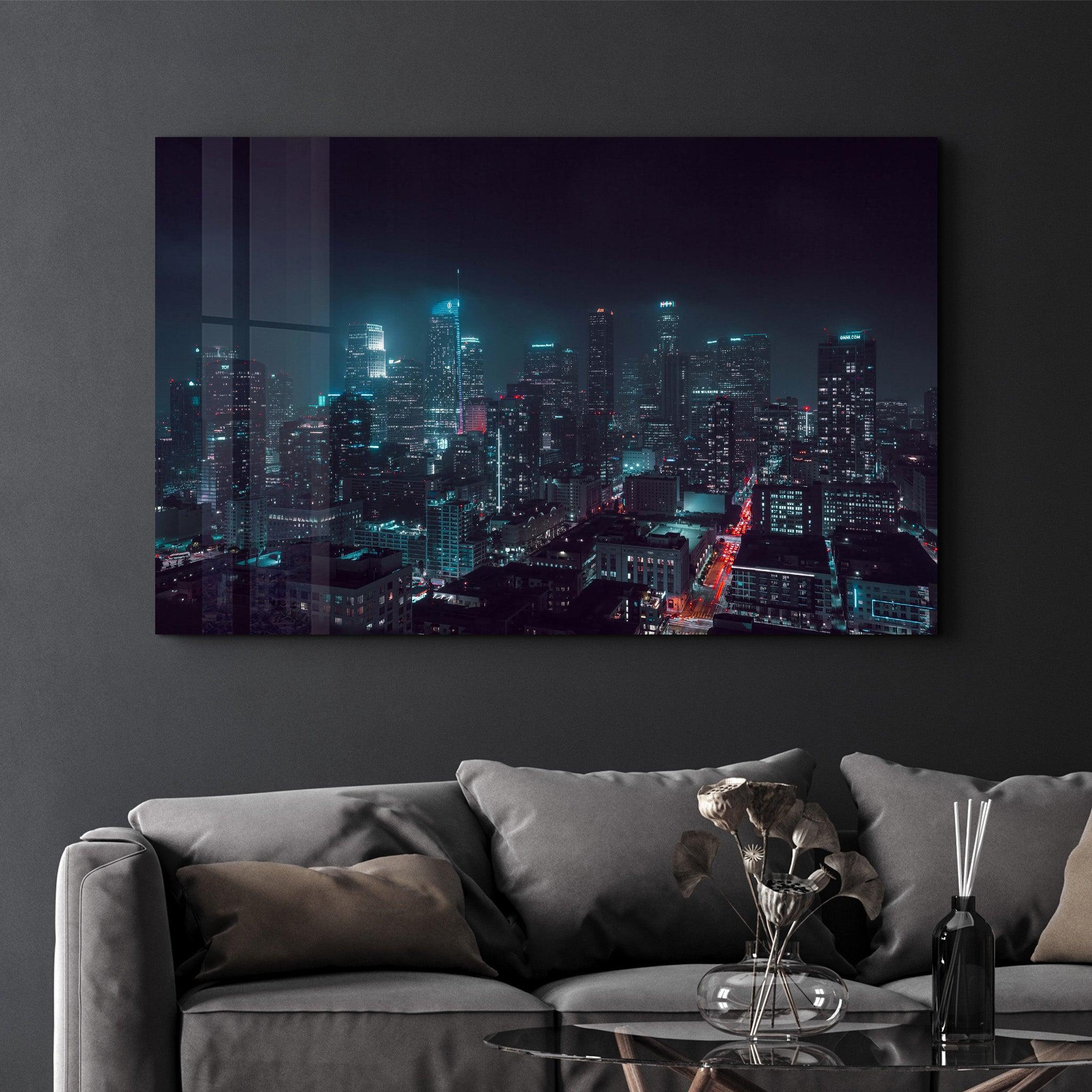 Los Angeles Skyline at Night | Glass Wall Art - Artdesigna