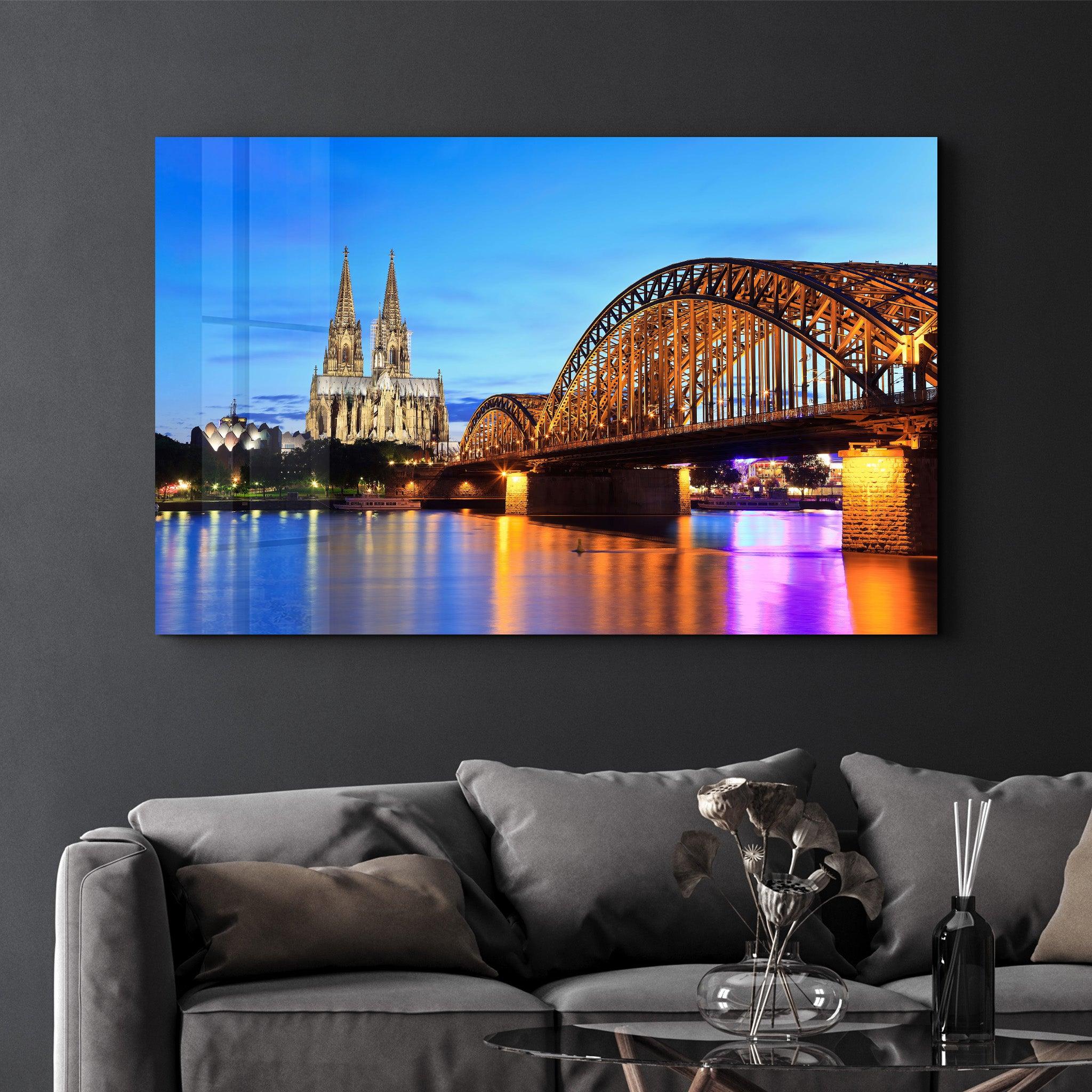 Cologne Dom and city skyline at night, Cologne, Germany | Glass Wall Art - Artdesigna