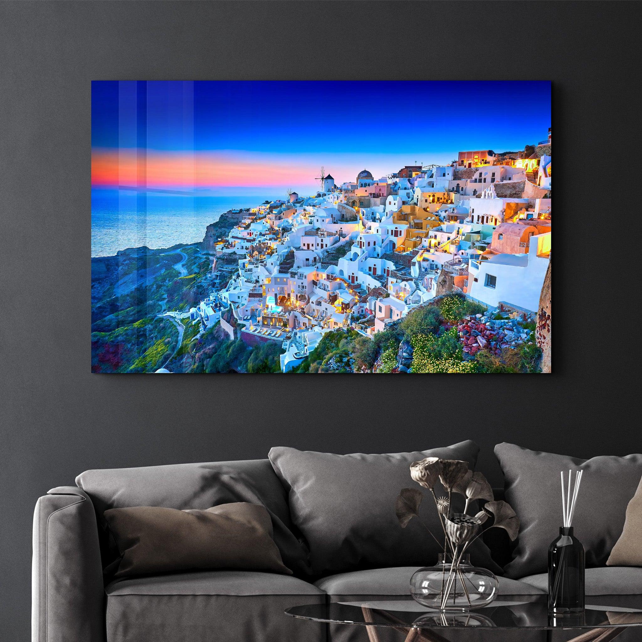 Church of Santorini. Fira town on Santorini island, Greece | Glass Wall Art - Artdesigna