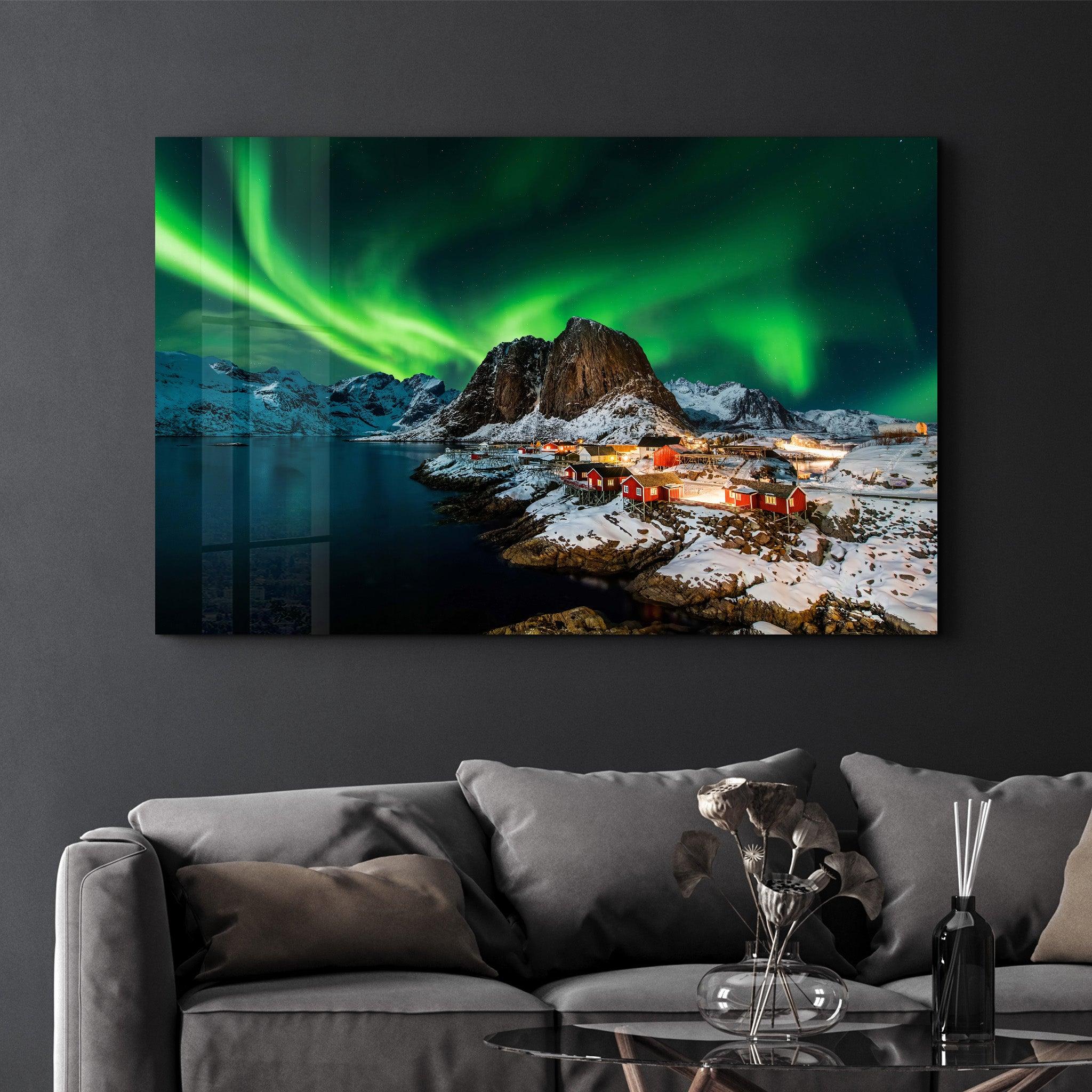 Aurora borealis over Hamnoy in Norway | Glass Wall Art - Artdesigna