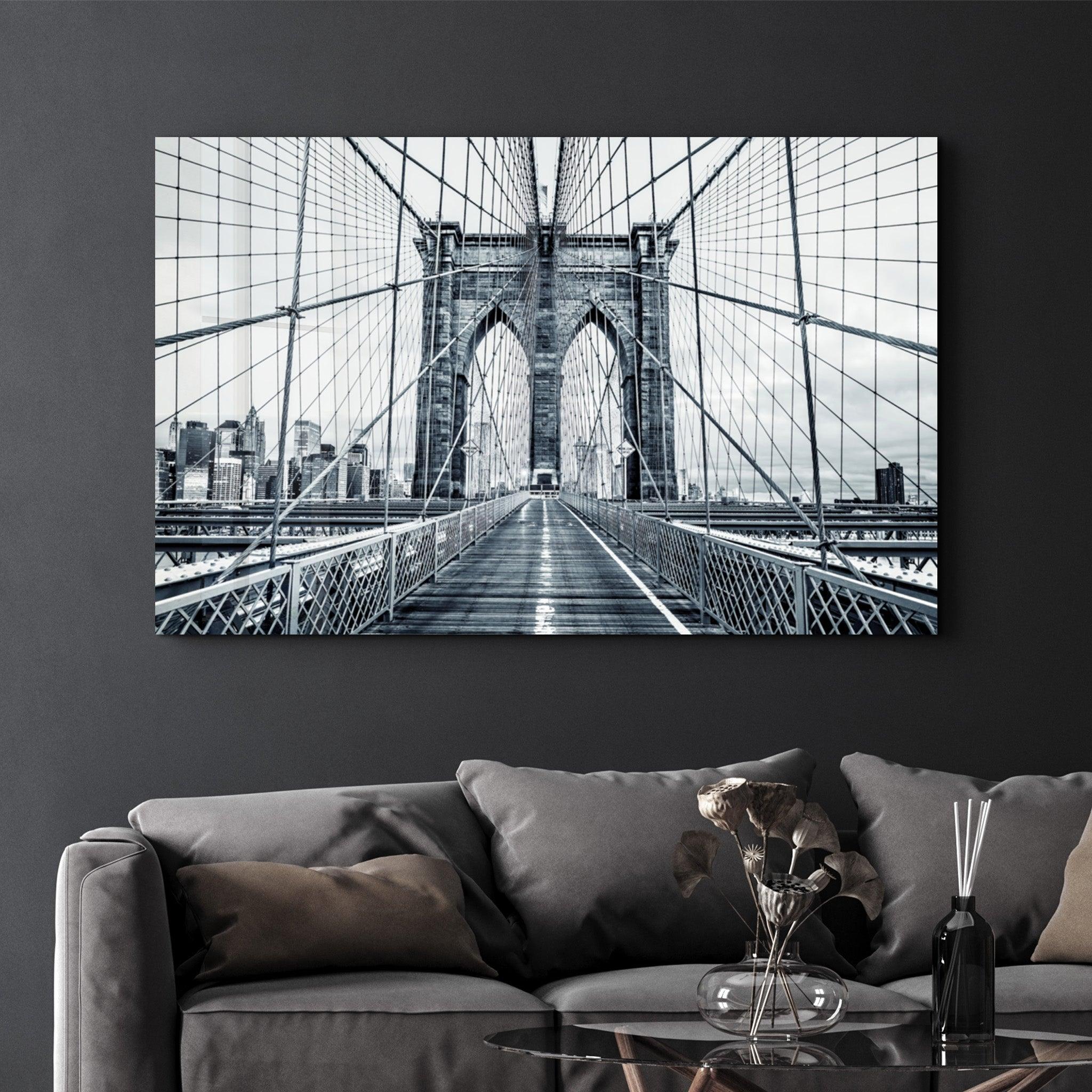 Brooklyn Bridge Retro Gray | Glass Wall Art - Artdesigna