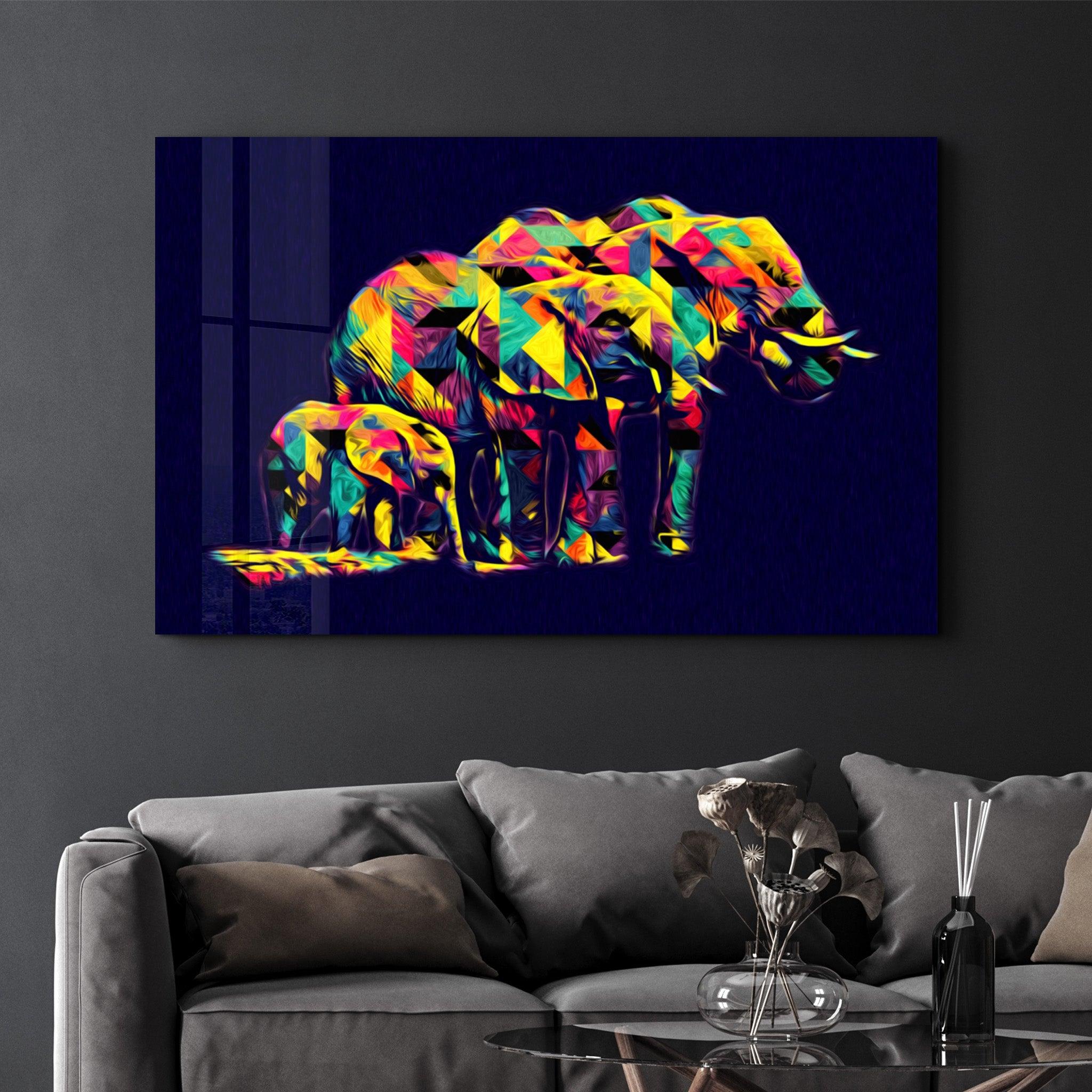 Colormix Elephant Family | Glass Wall Art - Artdesigna