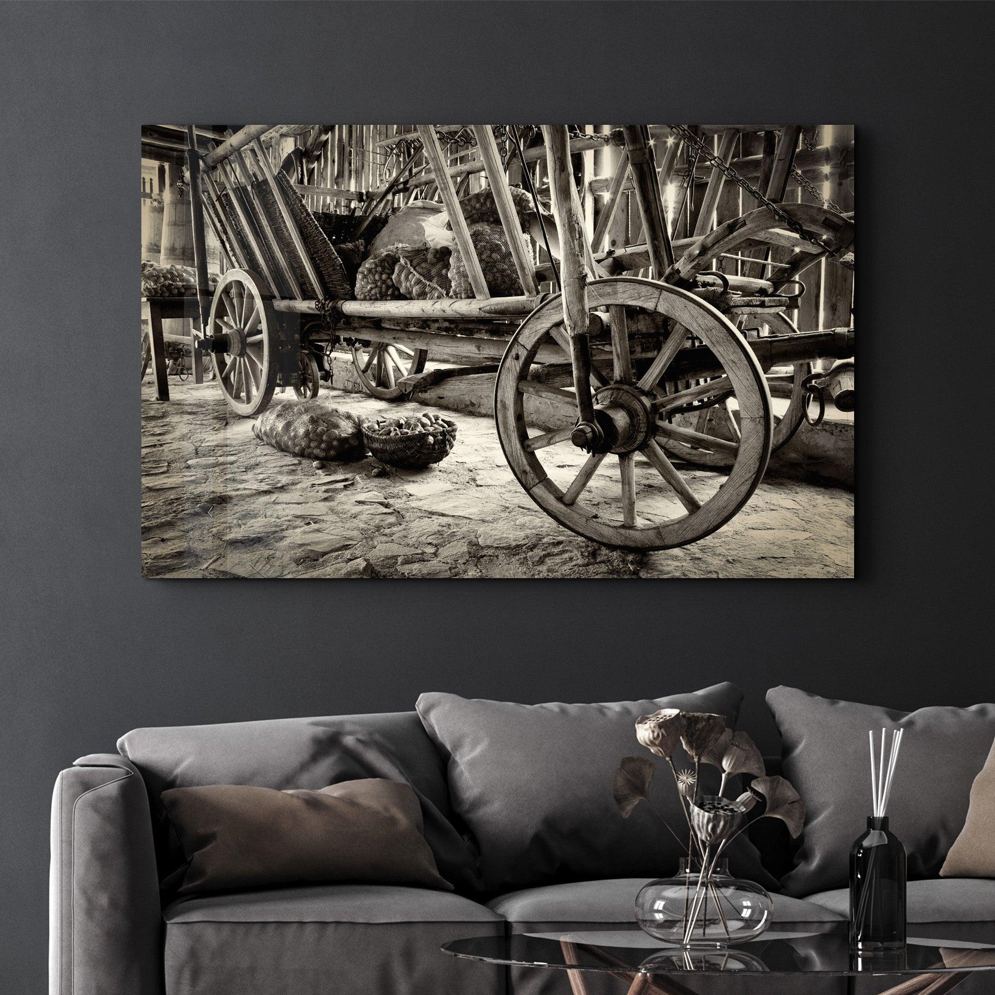 Old Wheel Cart | Glass Wall Art - Artdesigna