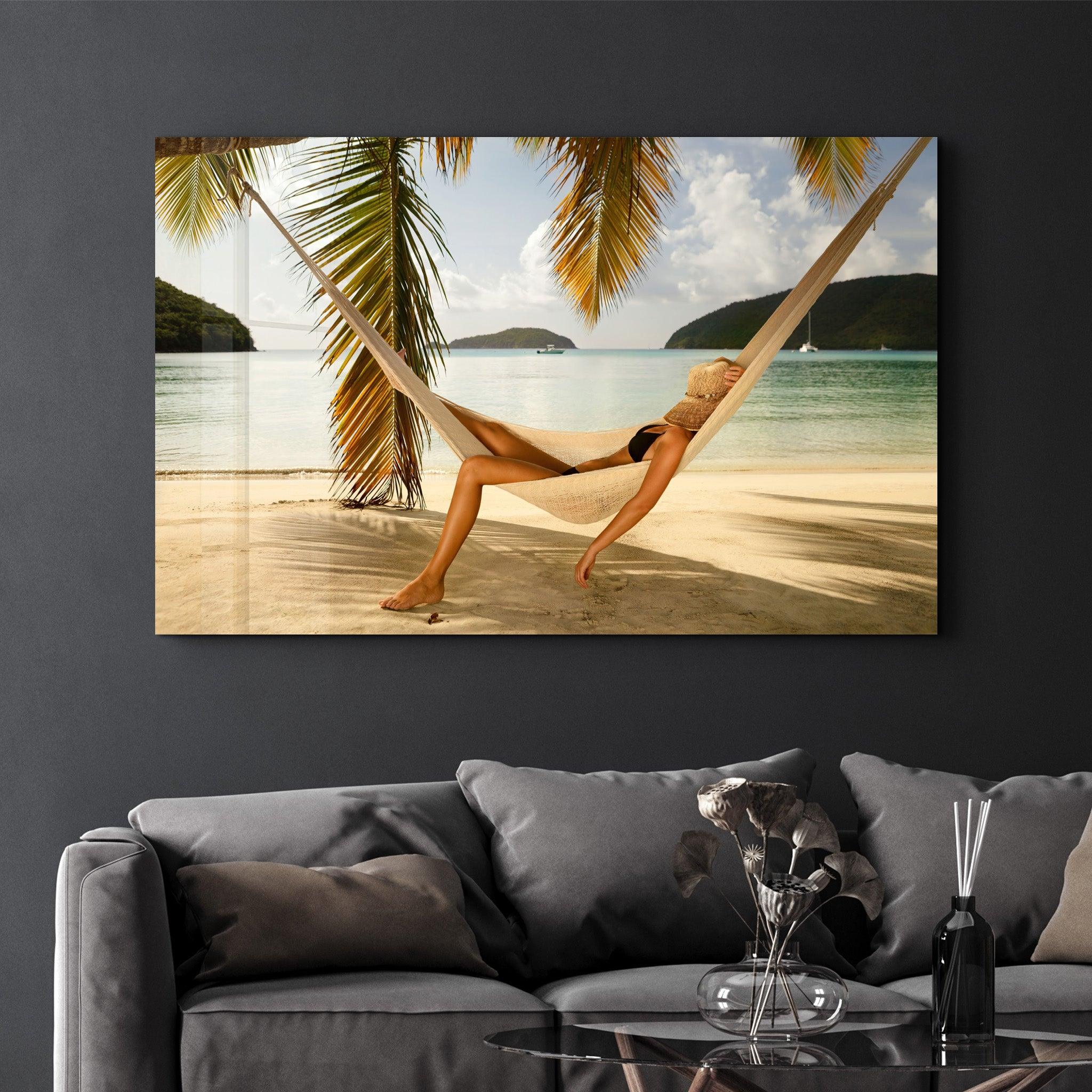 Hammock Under Palm Trees | Glass Wall Art - Artdesigna