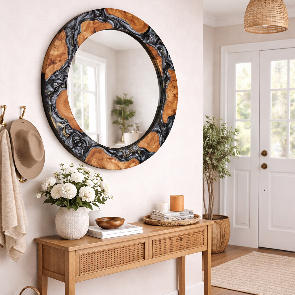 Black Diamond epoxy and olive wood mirror, a modern wood wall art piece with a sleek black and natural wood finish.