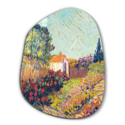 Colorful glass wall art featuring a cottage bloom amorphous design by Artdesigna, decorative wall decor for modern interiors.