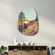Artdesigna Cottage Bloom Amorphous glass wall art featuring a vibrant, abstract floral design on a clear glass panel.