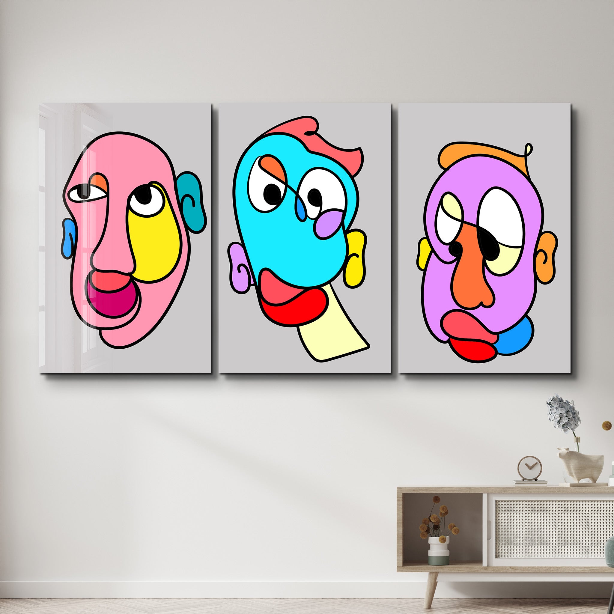 Bold Expression Faces Trio - Glass Wall Art