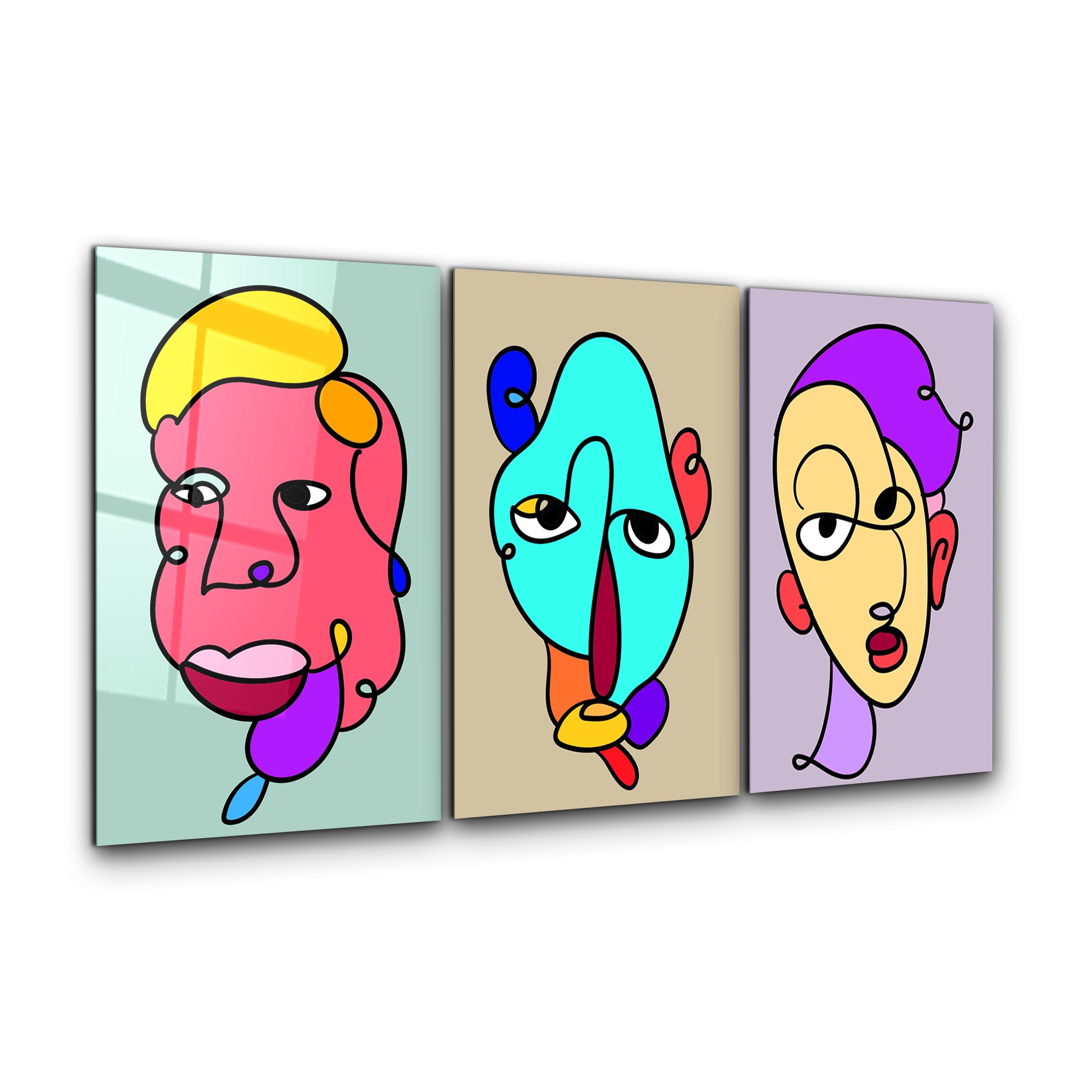 Color Line Faces Trio - Glass Wall Art
