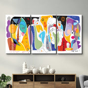 Colorful Party Abstract Faces Trio - Glass Wall Art