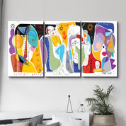 Colorful Party Abstract Faces Trio - Glass Wall Art