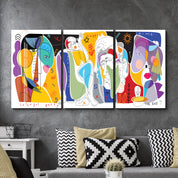 Colorful Party Abstract Faces Trio - Glass Wall Art