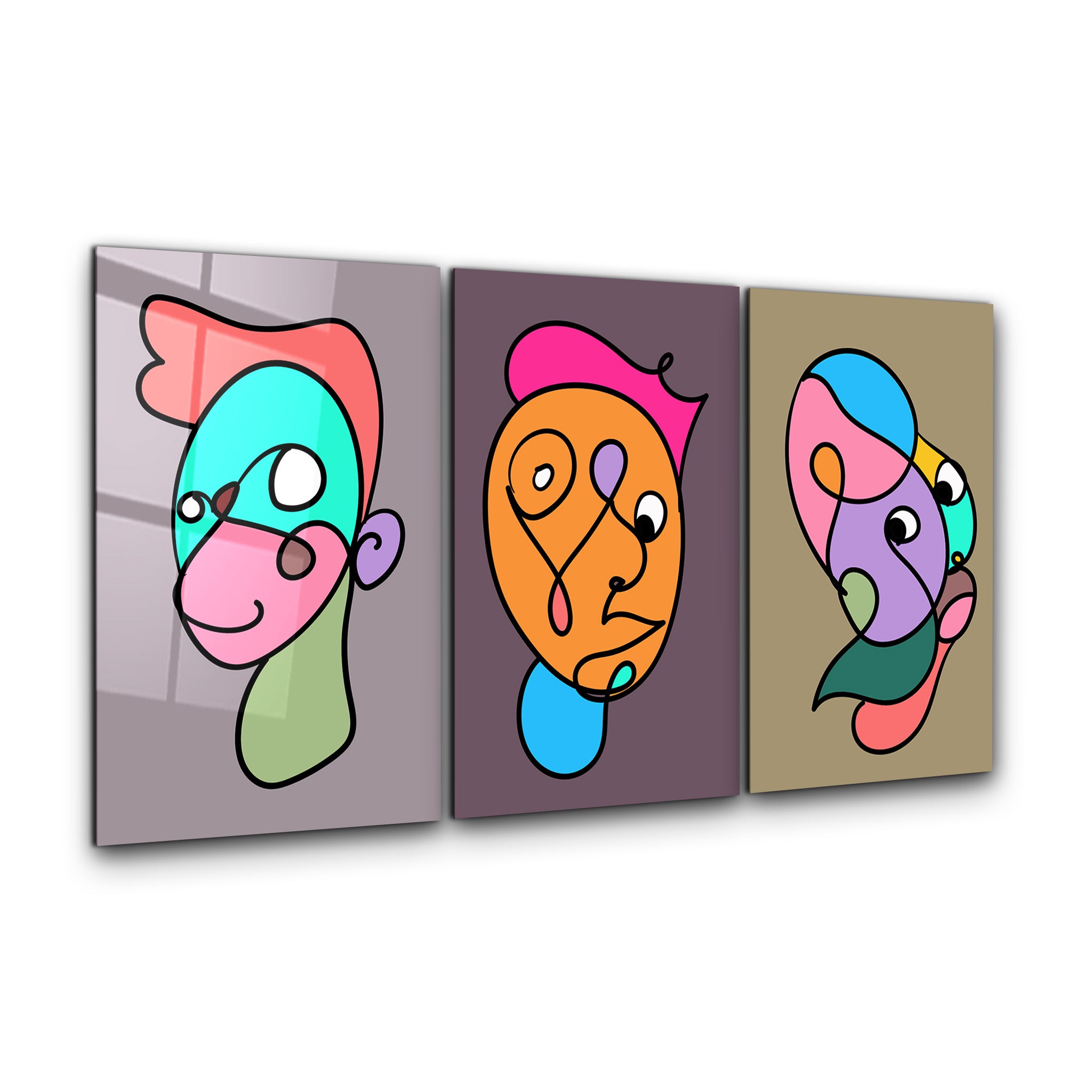 Funky Faces Trio in Continuous Line - Glass Wall Art