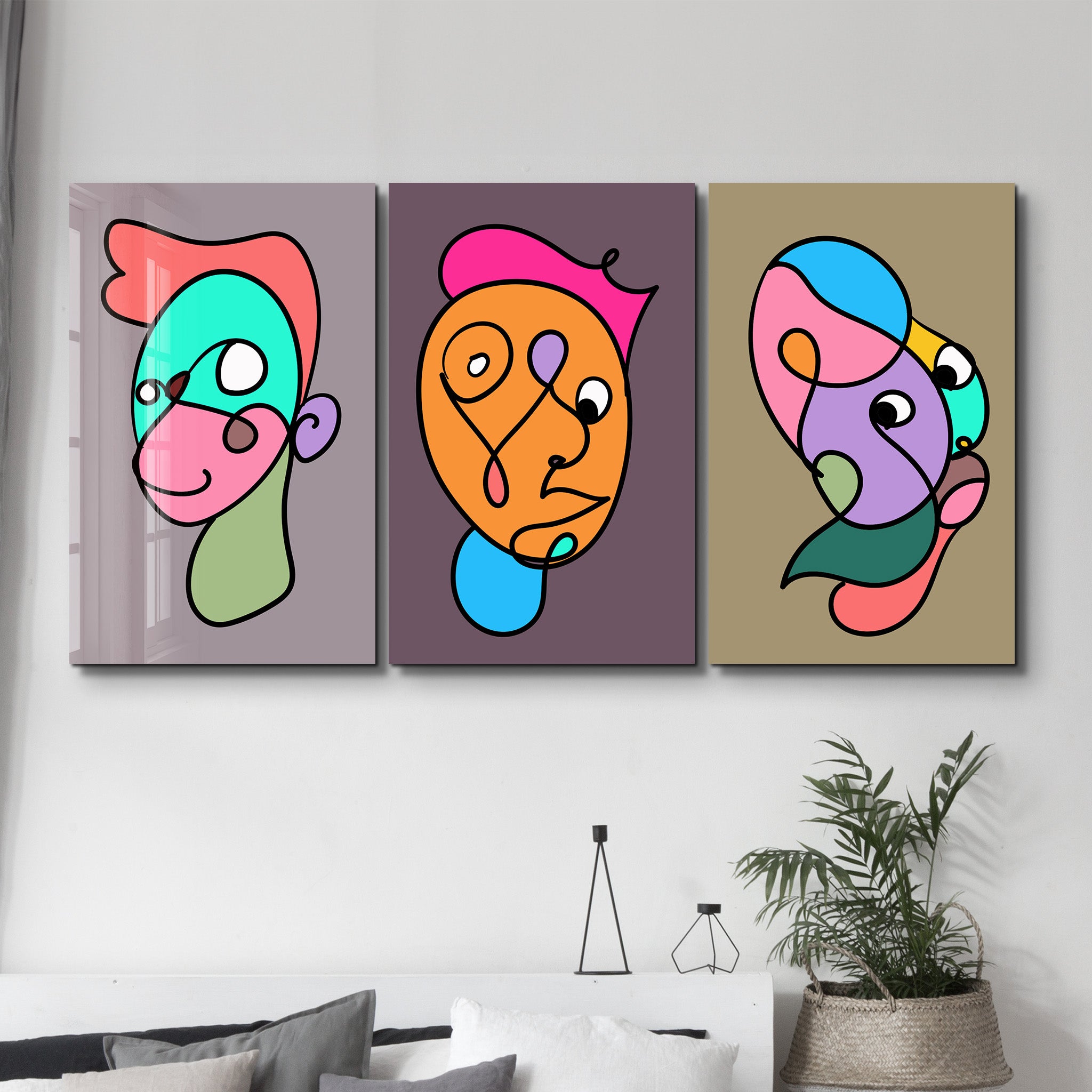 Funky Faces Trio in Continuous Line - Glass Wall Art