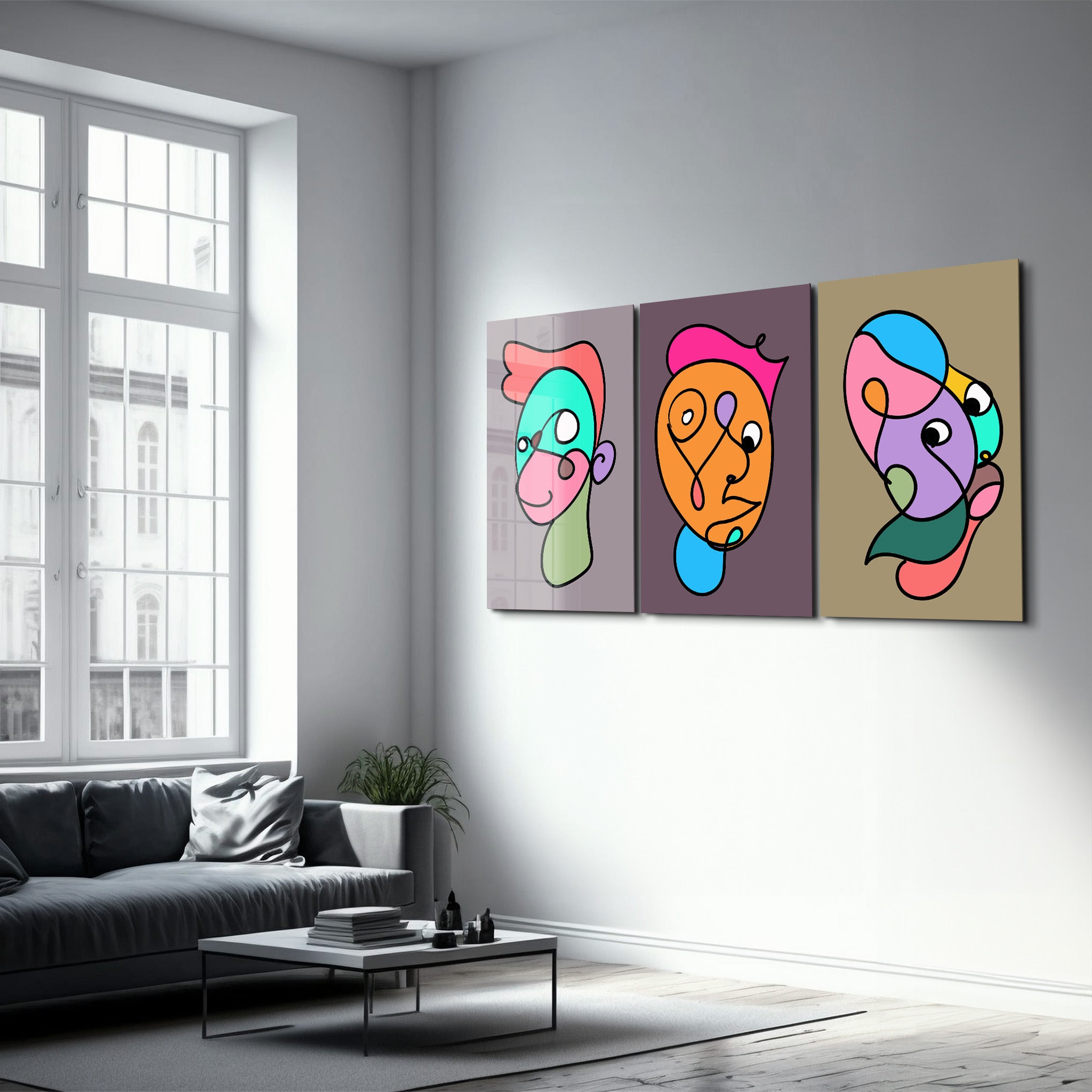 Funky Faces Trio in Continuous Line - Glass Wall Art