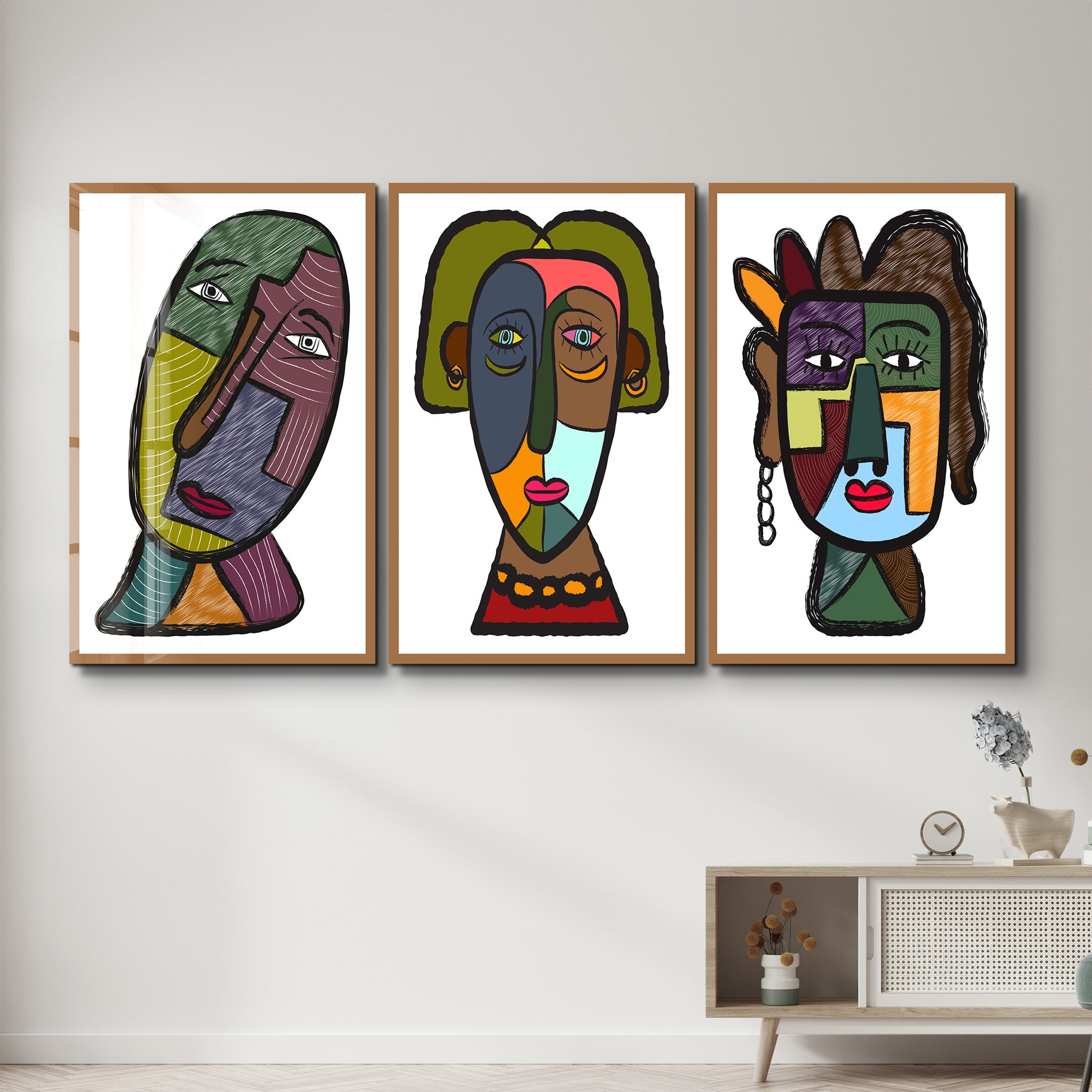 Tribal-Inspired Modern Faces Trio - Glass Wall Art