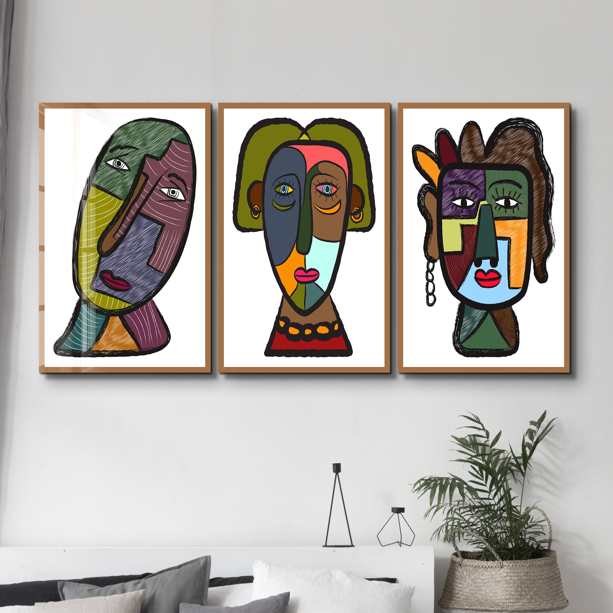 Tribal-Inspired Modern Faces Trio - Glass Wall Art