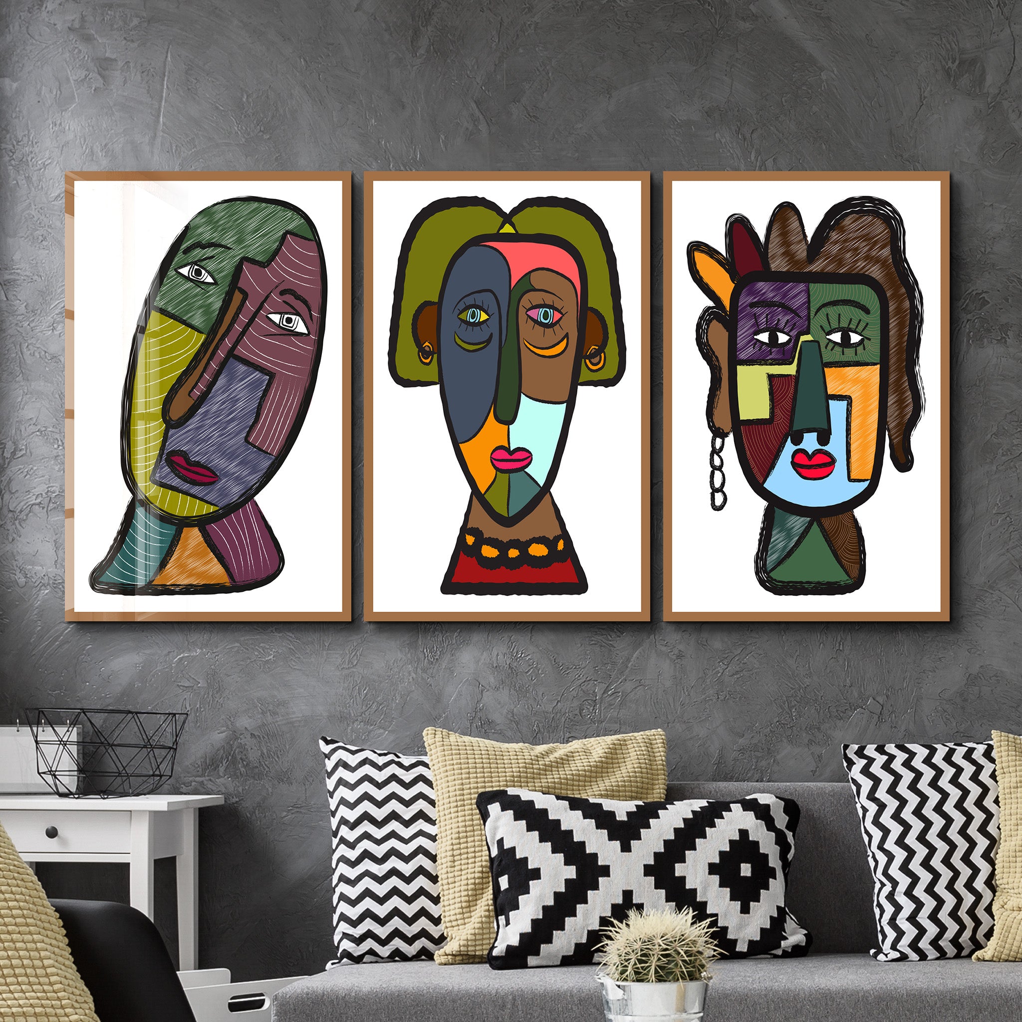 Tribal-Inspired Modern Faces Trio - Glass Wall Art