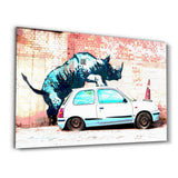 Banksy Rhino on the Car | Glass Wall Art