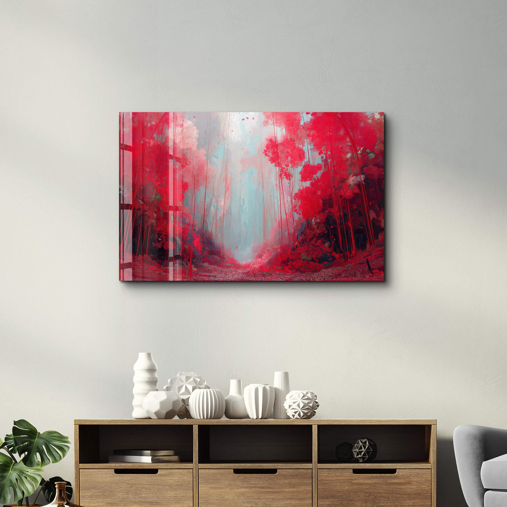 Crimson Passage – A Forest of Light and Flame - Glass Wall Art